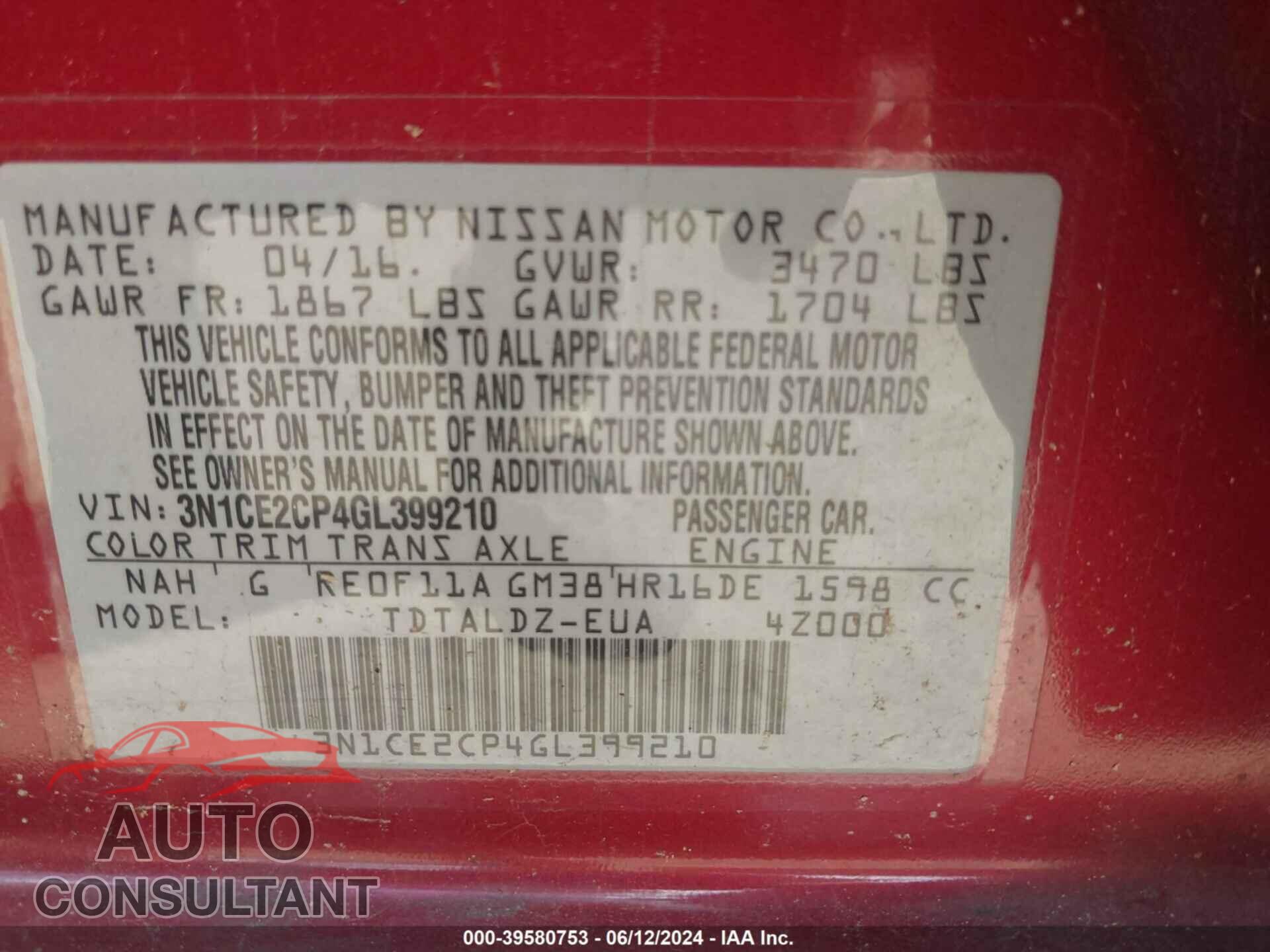 NISSAN VERSA NOTE 2016 - 3N1CE2CP4GL399210
