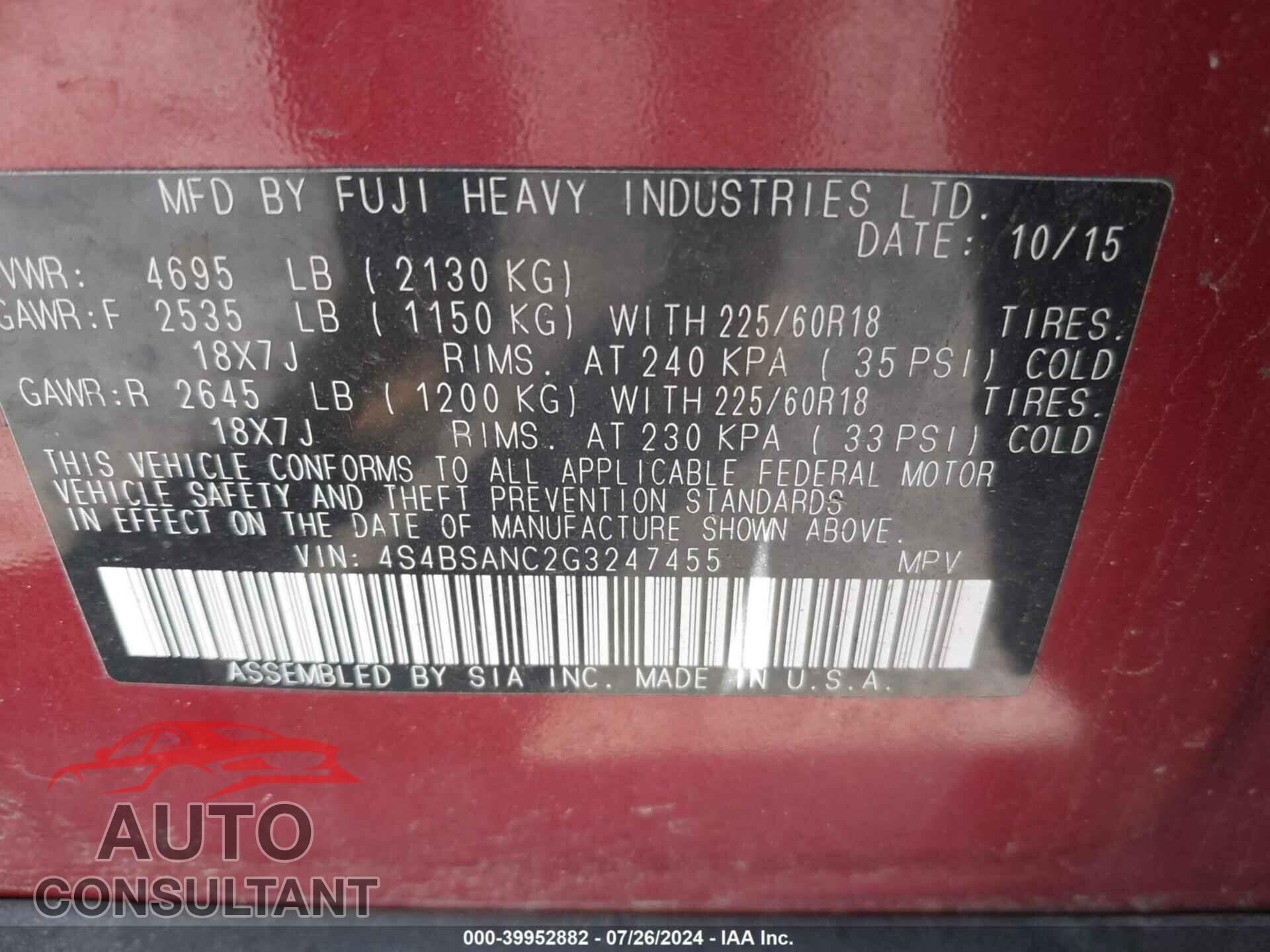 SUBARU OUTBACK 2016 - 4S4BSANC2G3247455
