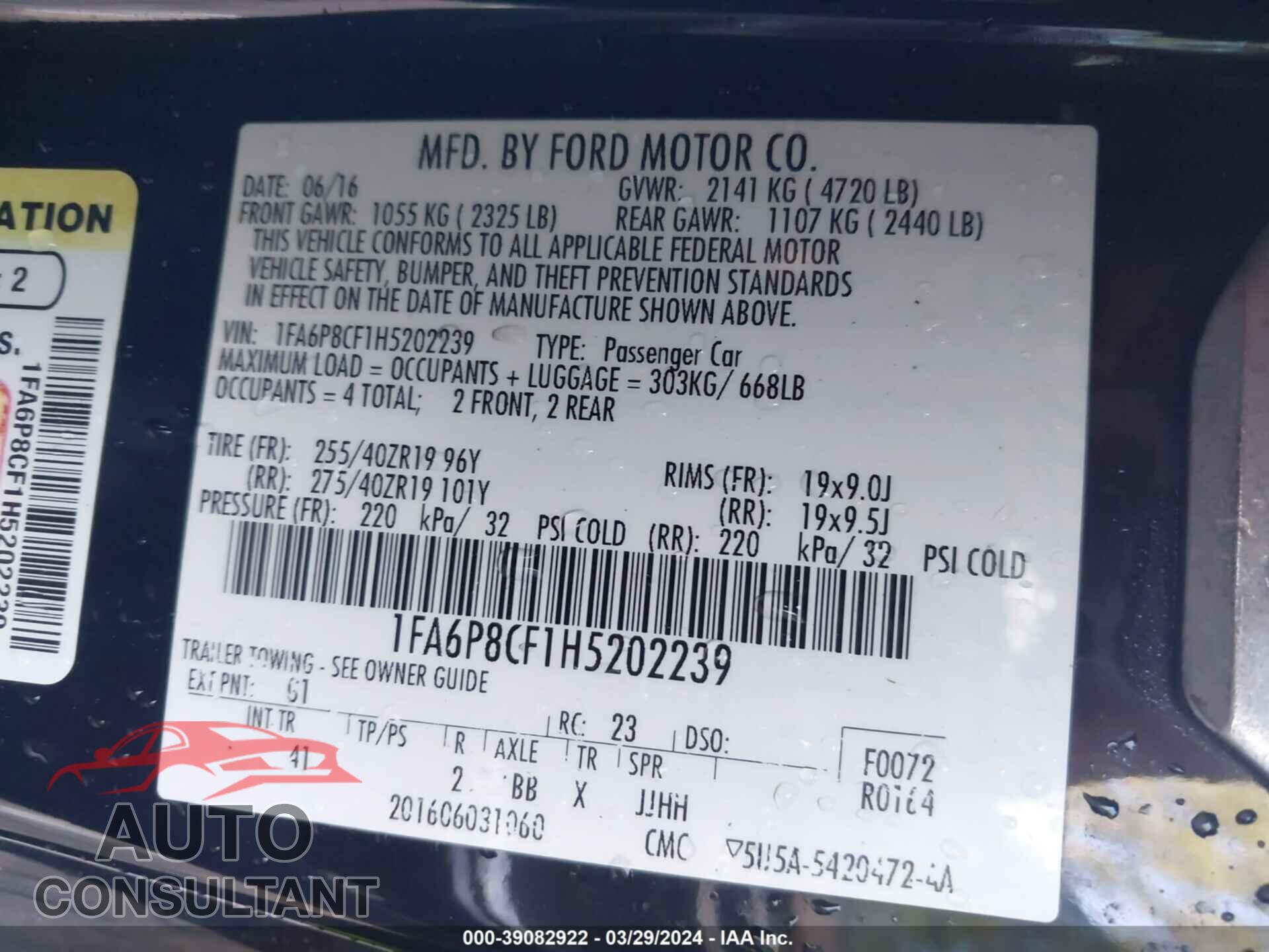 FORD MUSTANG 2017 - 1FA6P8CF1H5202239