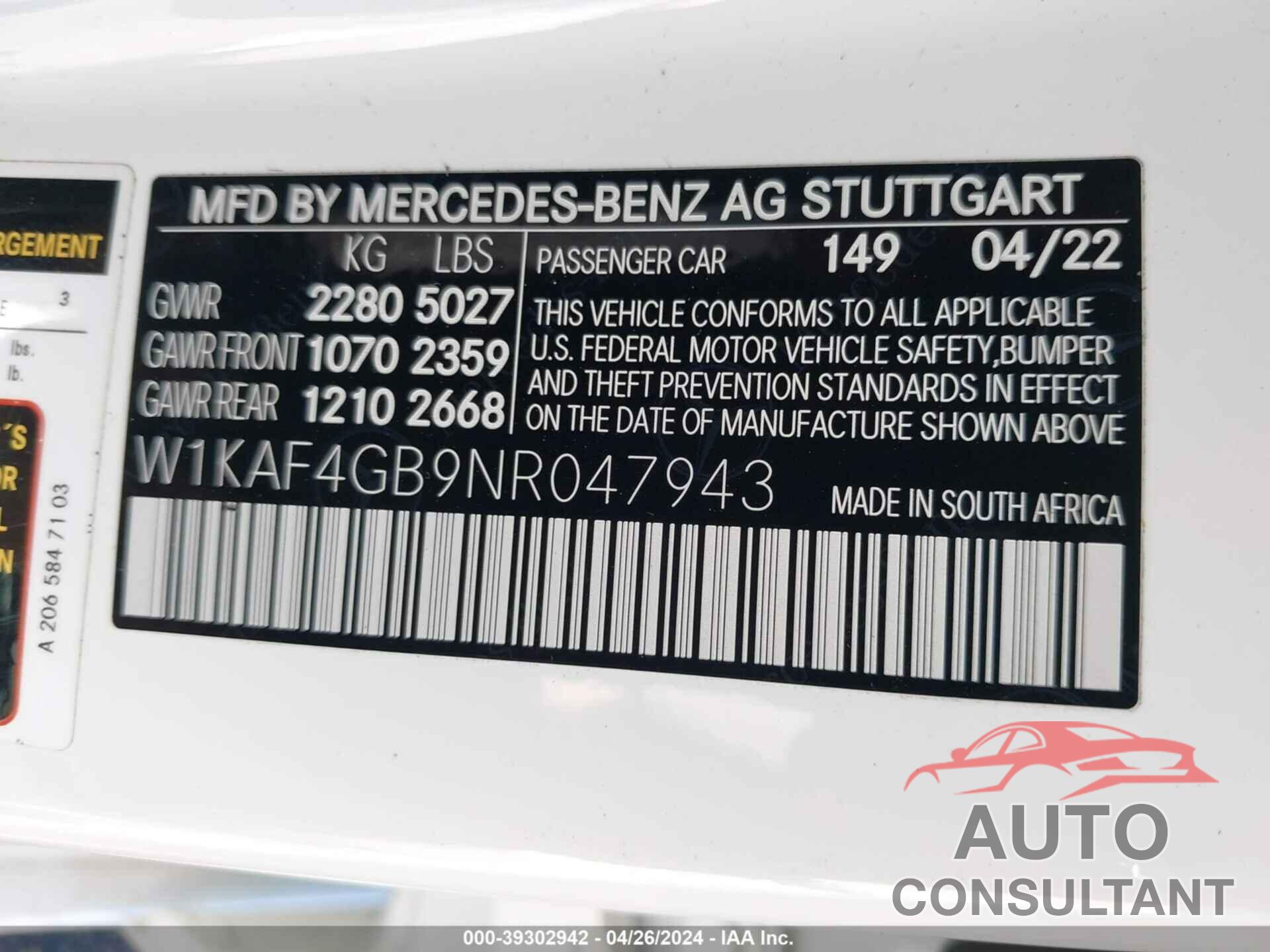 MERCEDES-BENZ C 300 2022 - W1KAF4GB9NR047943