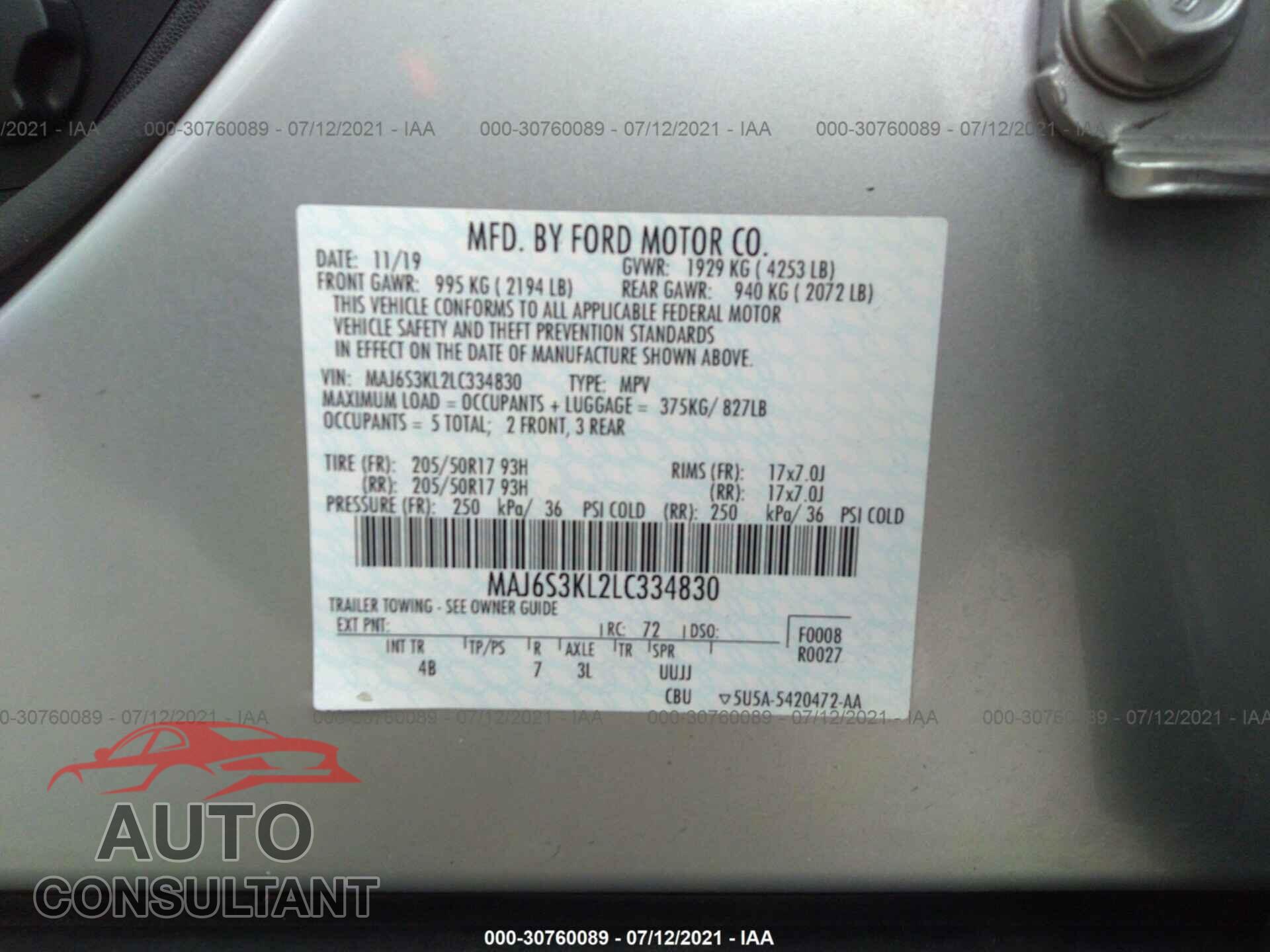 FORD ECOSPORT 2020 - MAJ6S3KL2LC334830