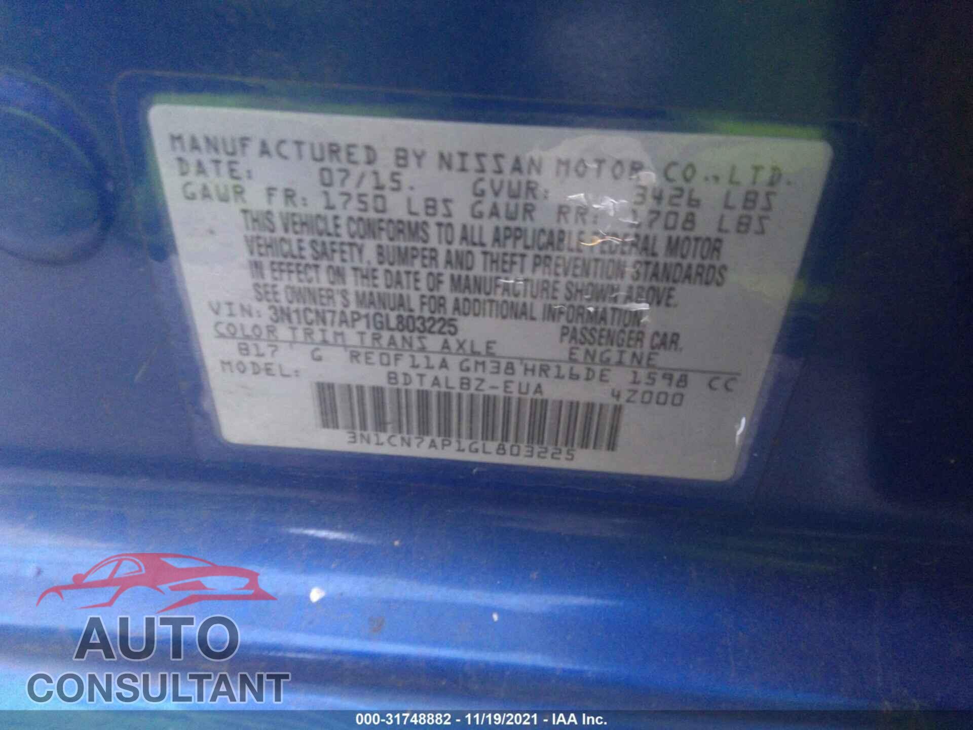 NISSAN VERSA 2016 - 3N1CN7AP1GL803225