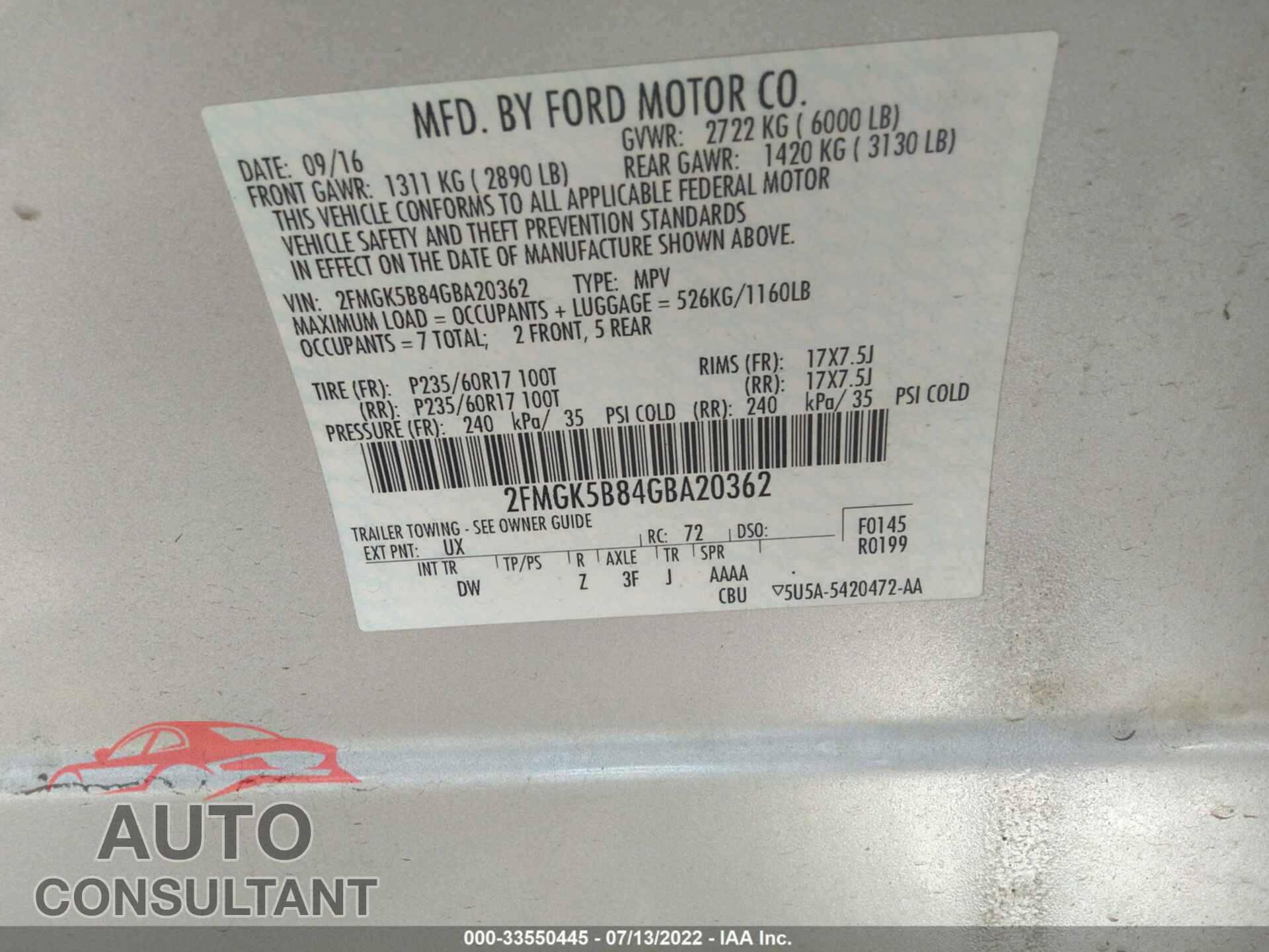 FORD FLEX 2016 - 2FMGK5B84GBA20362
