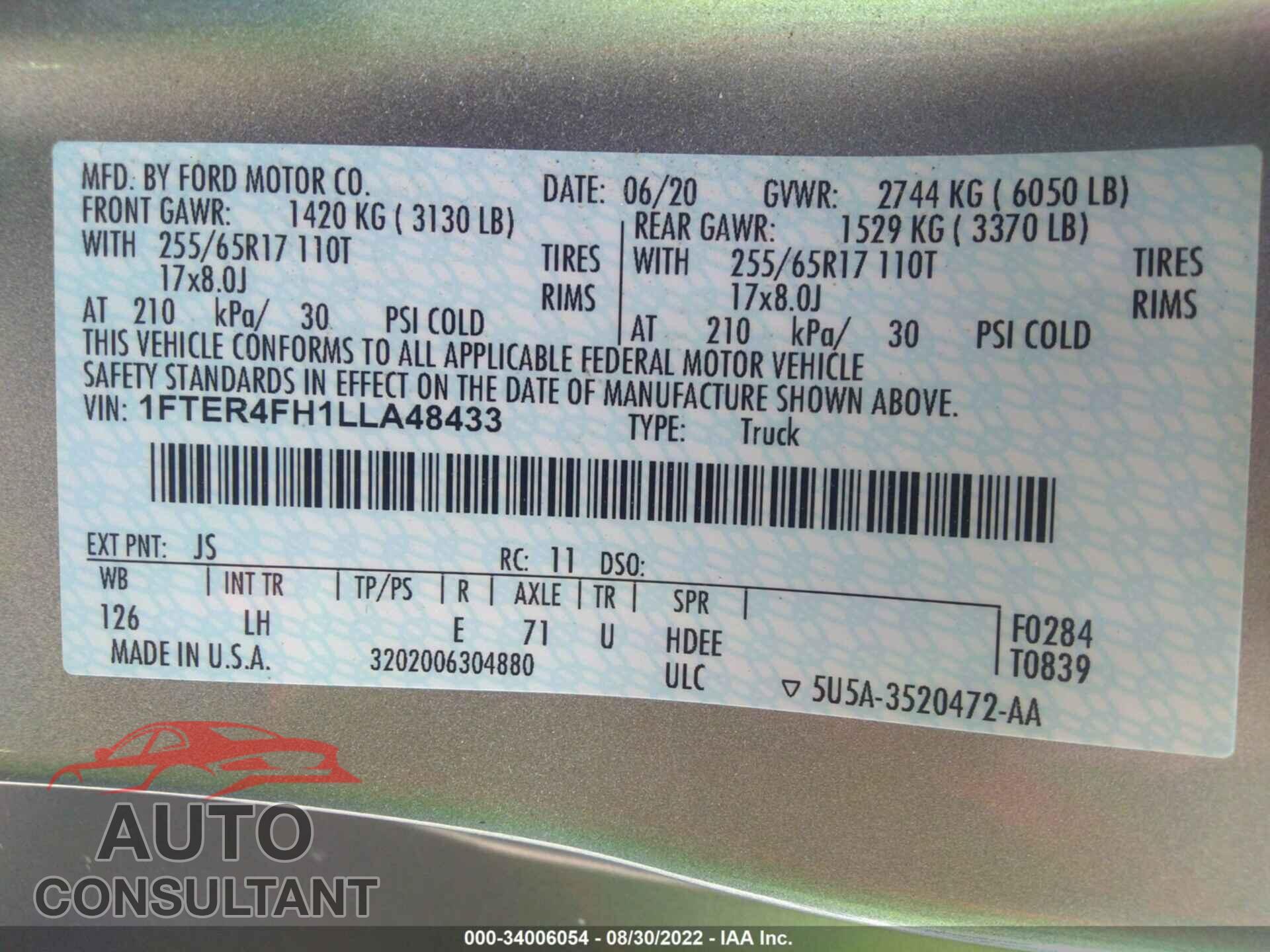 FORD RANGER 2020 - 1FTER4FH1LLA48433