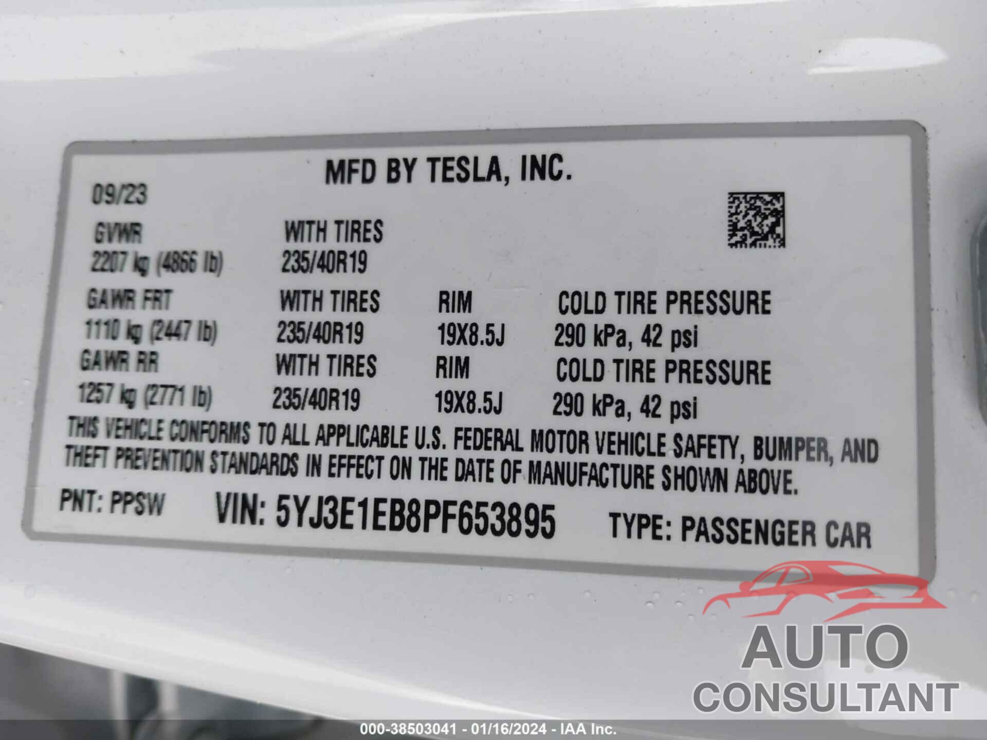 TESLA MODEL 3 2023 - 5YJ3E1EB8PF653895