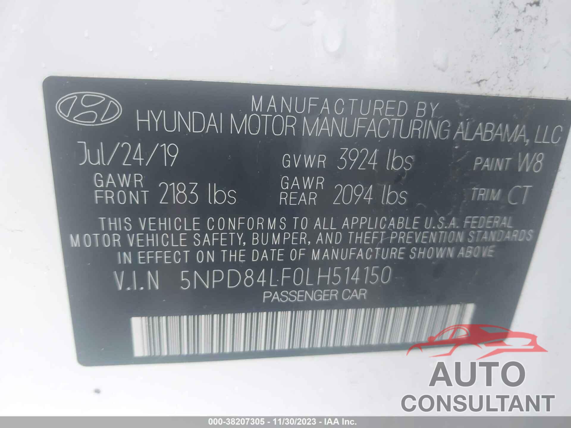 HYUNDAI ELANTRA 2020 - 5NPD84LF0LH514150