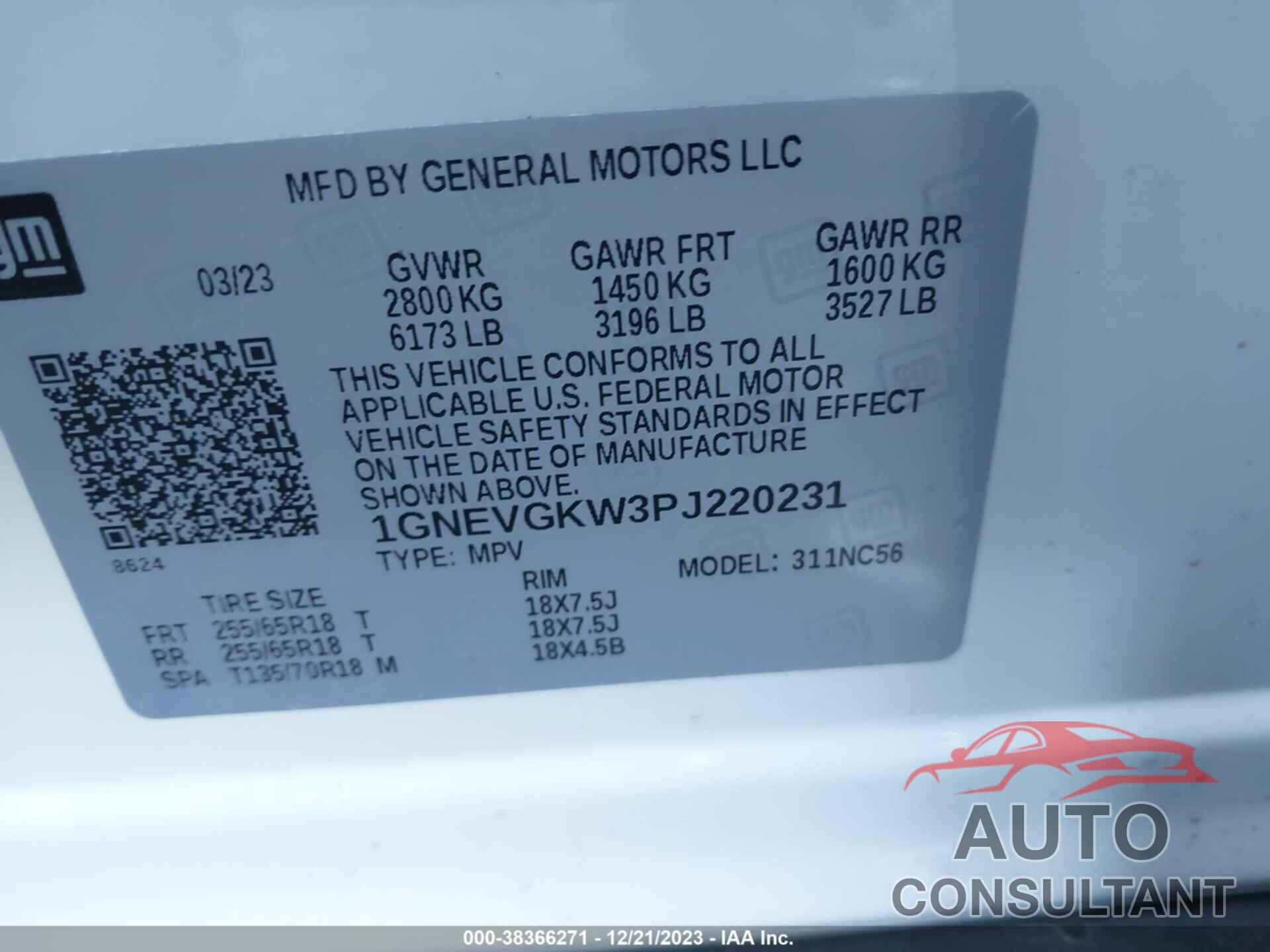 CHEVROLET TRAVERSE 2023 - 1GNEVGKW3PJ220231