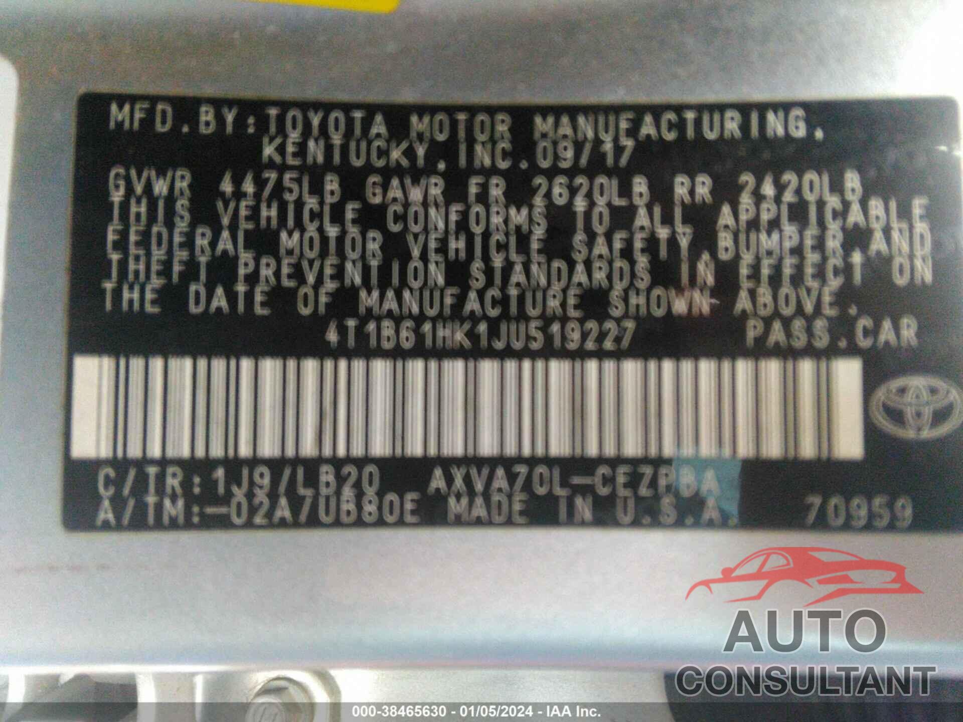 TOYOTA CAMRY 2018 - 4T1B61HK1JU519227