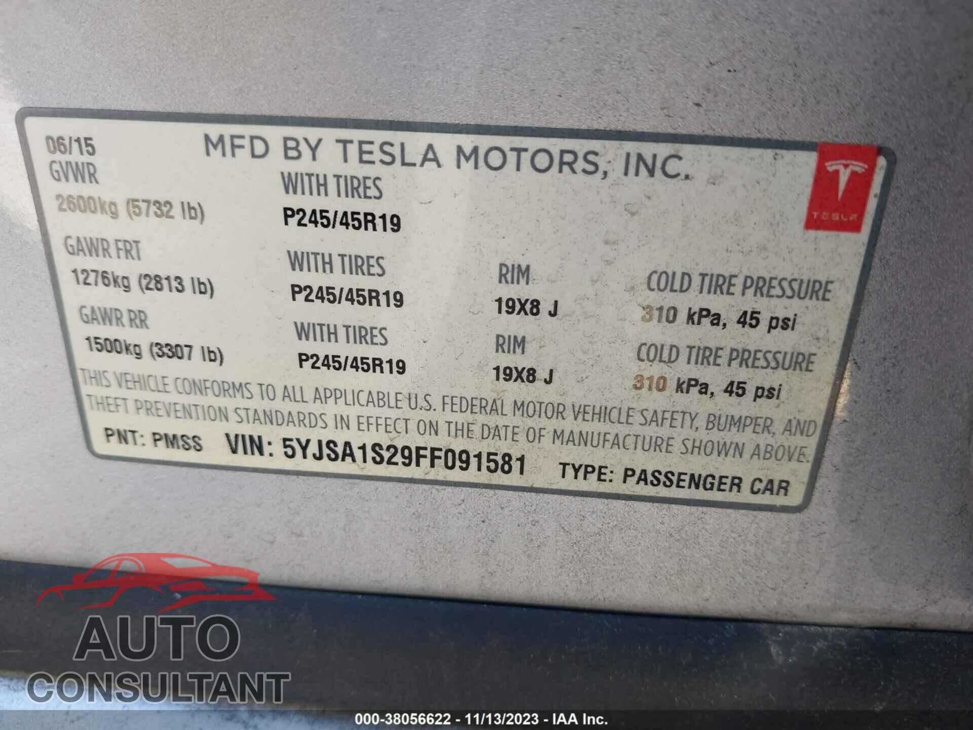 TESLA MODEL S 2015 - 5YJSA1S29FF091581
