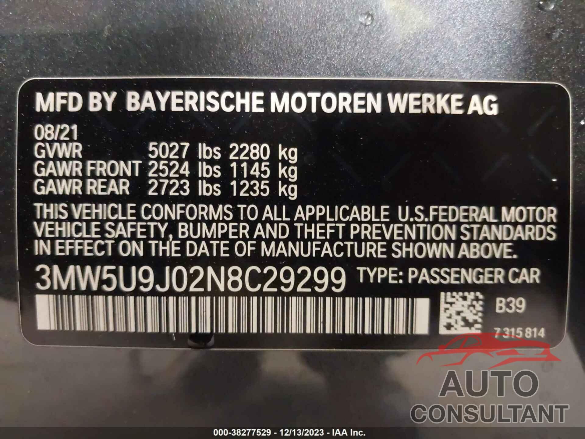 BMW 3 SERIES 2022 - 3MW5U9J02N8C29299