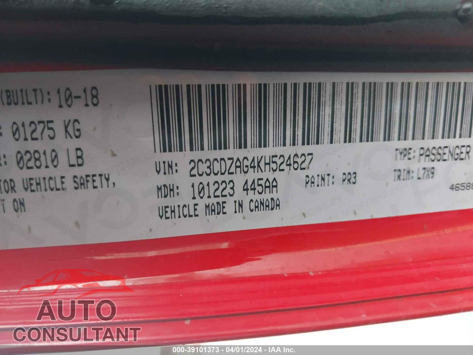 DODGE CHALLENGER 2019 - 2C3CDZAG4KH524627