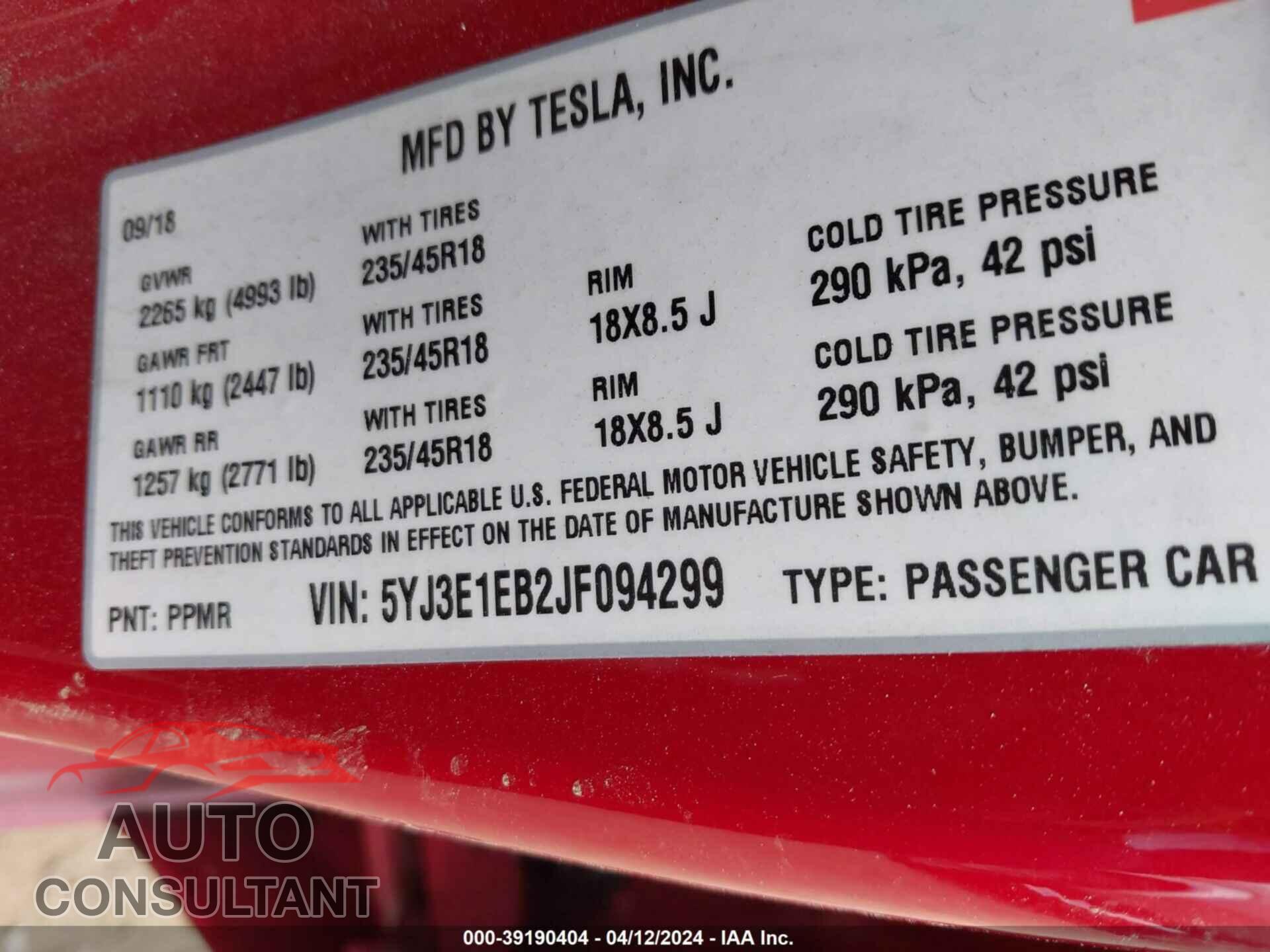TESLA MODEL 3 2018 - 5YJ3E1EB2JF094299