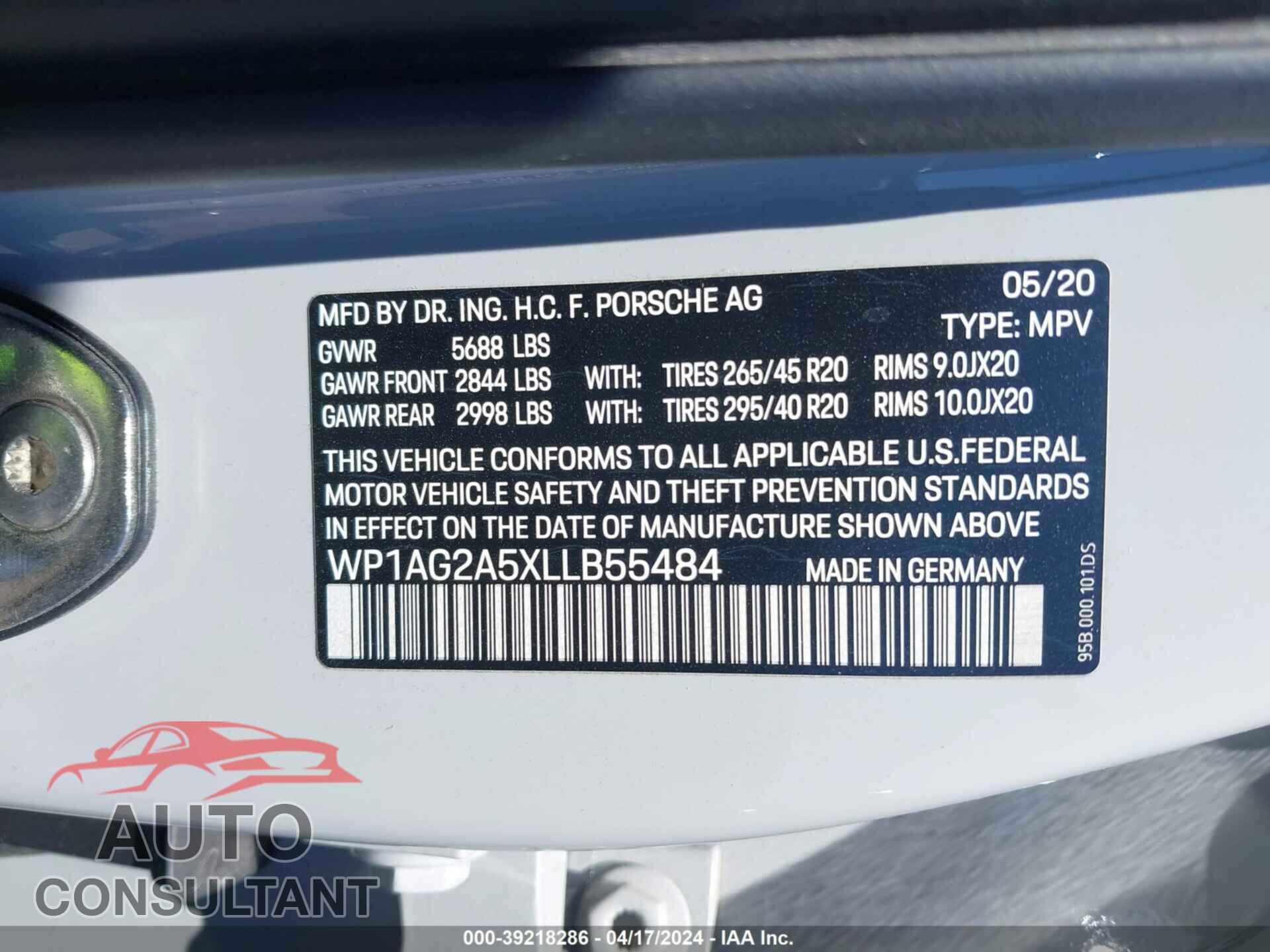 PORSCHE MACAN 2020 - WP1AG2A5XLLB55484