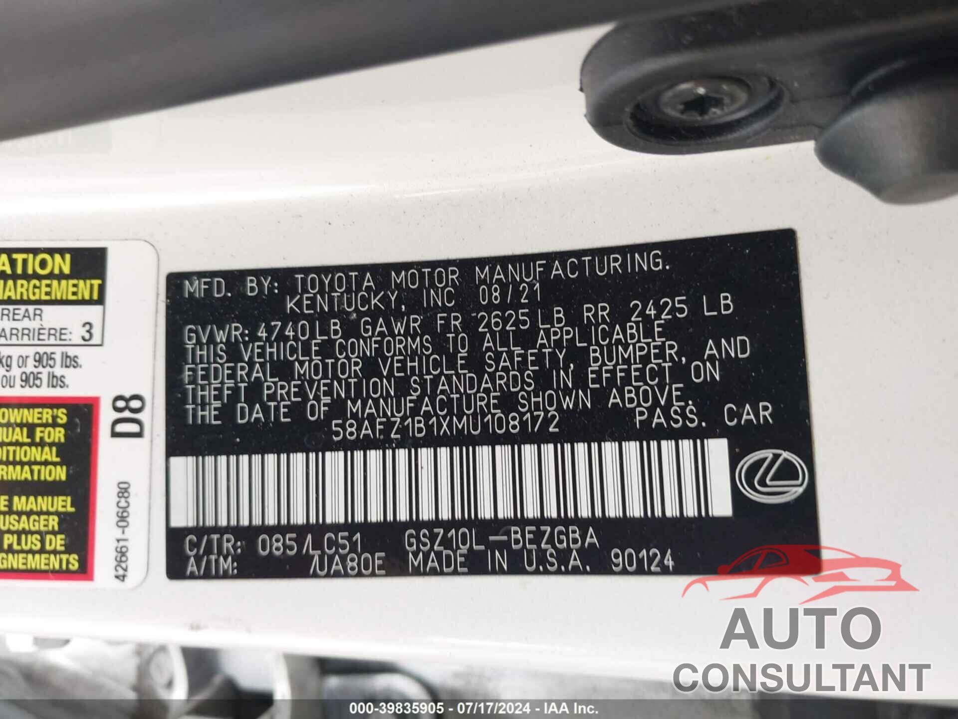 LEXUS ES 350 2021 - 58AFZ1B1XMU108172