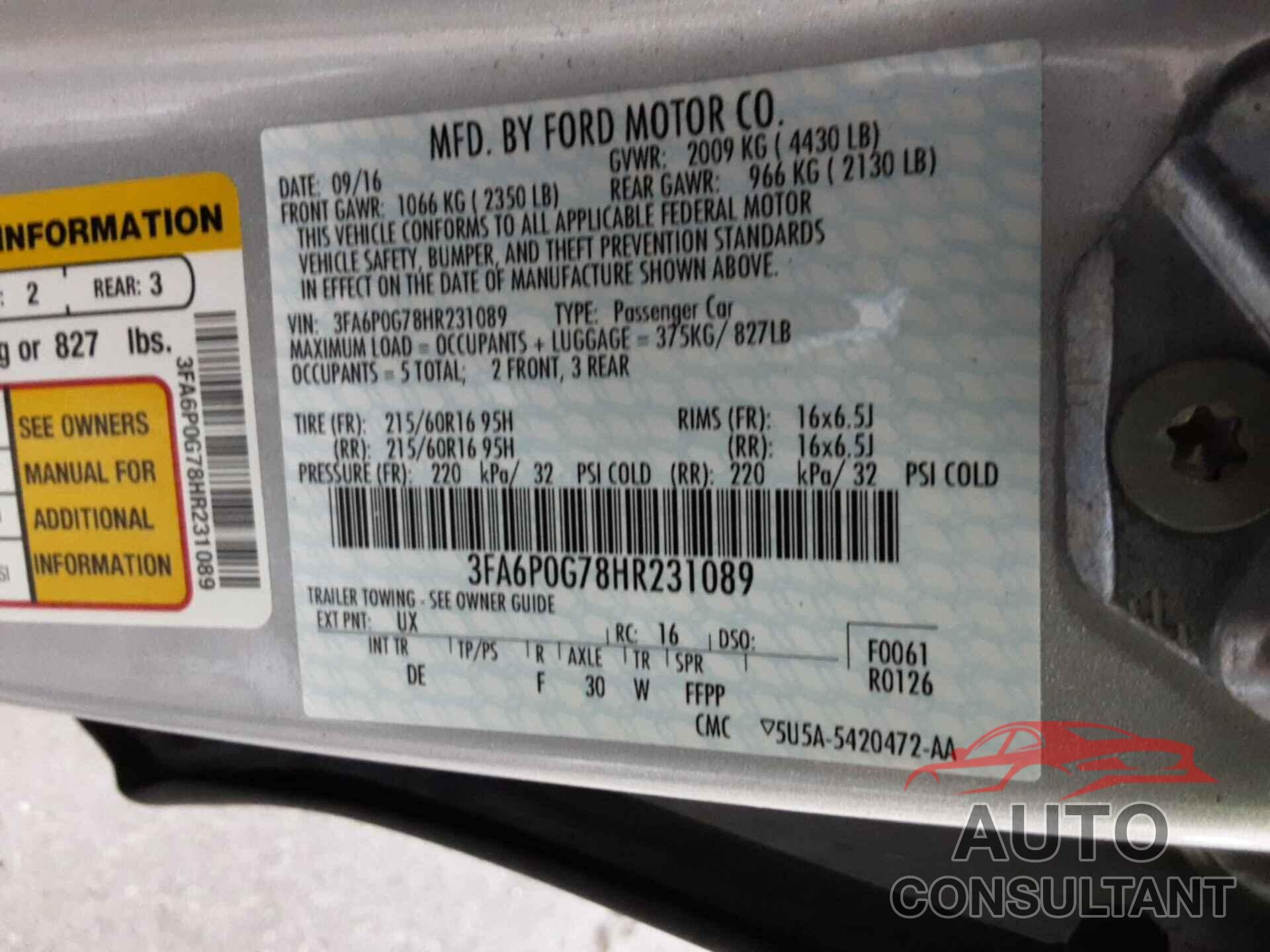 FORD FUSION 2017 - 3FA6P0G78HR231089