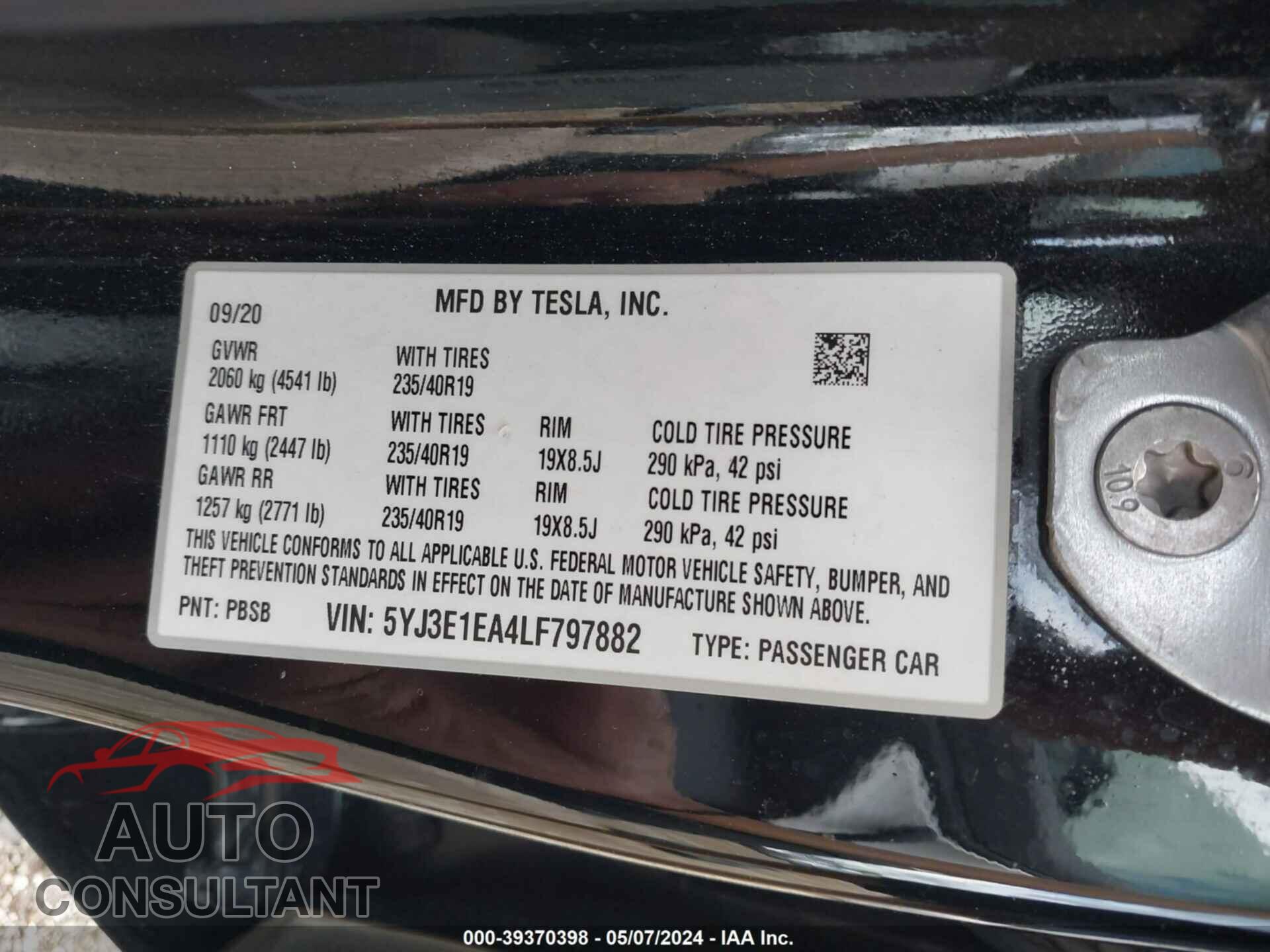 TESLA MODEL 3 2020 - 5YJ3E1EA4LF797882