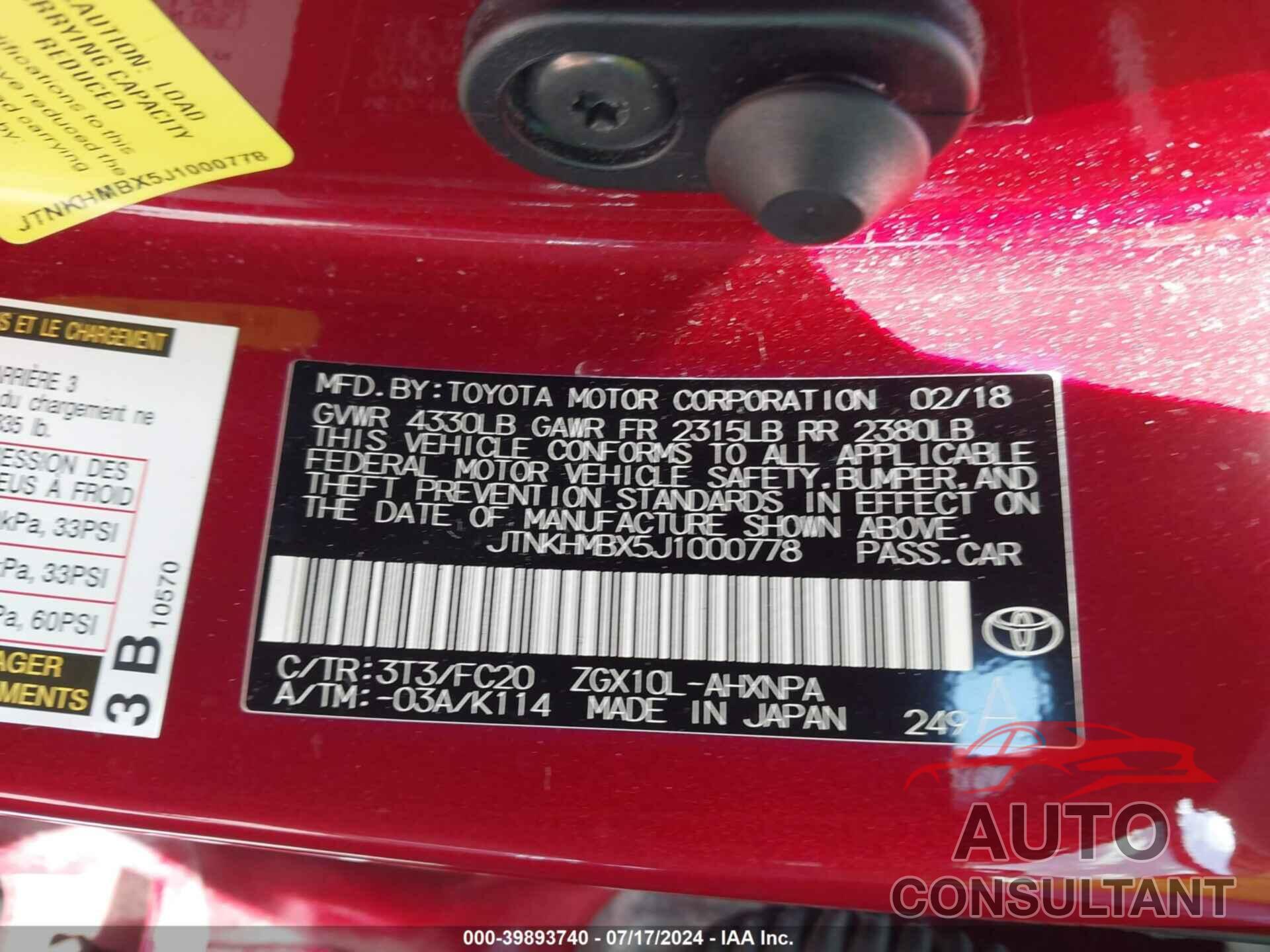 TOYOTA C-HR 2018 - JTNKHMBX5J1000778