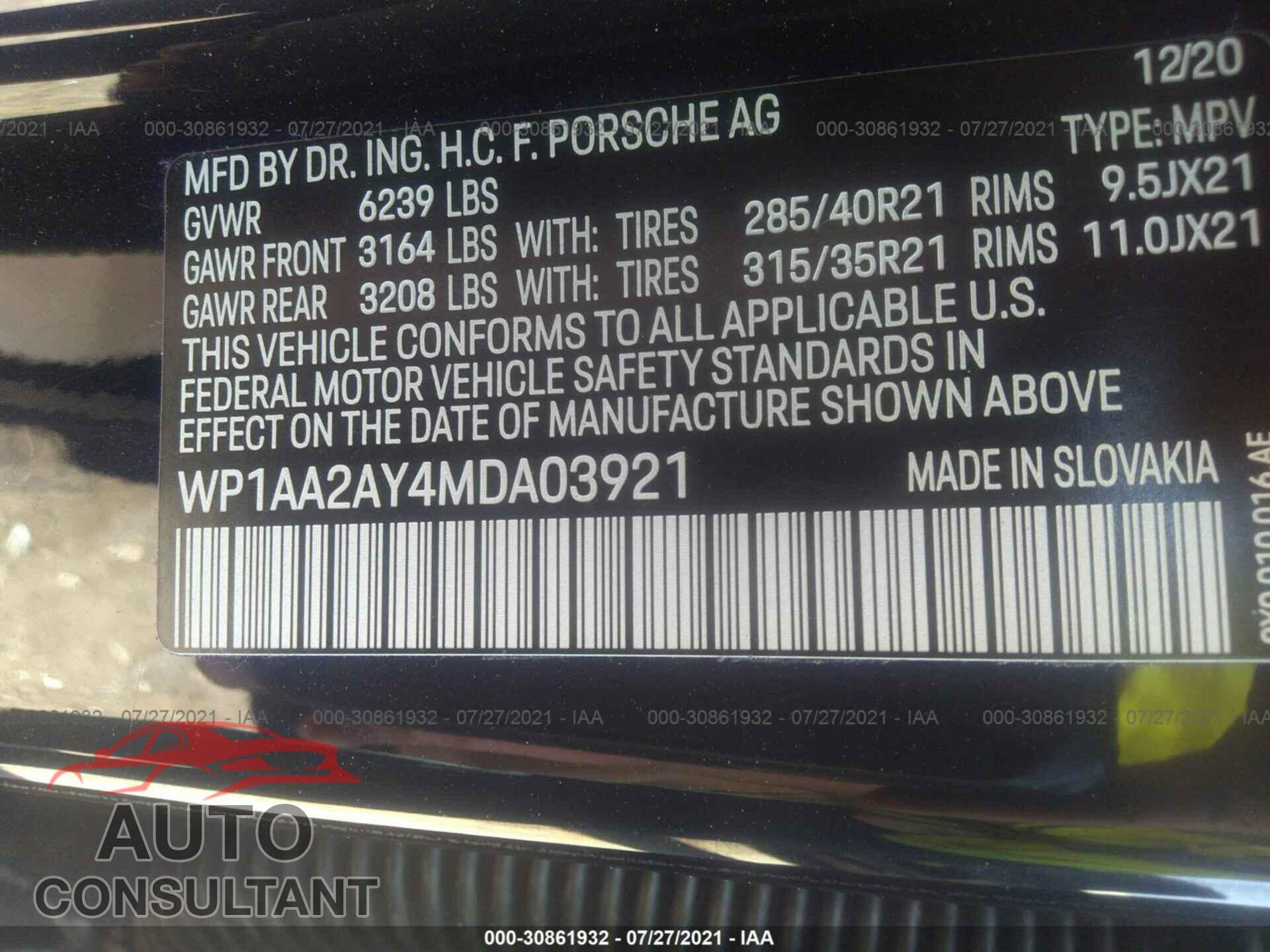 PORSCHE CAYENNE 2021 - WP1AA2AY4MDA03921