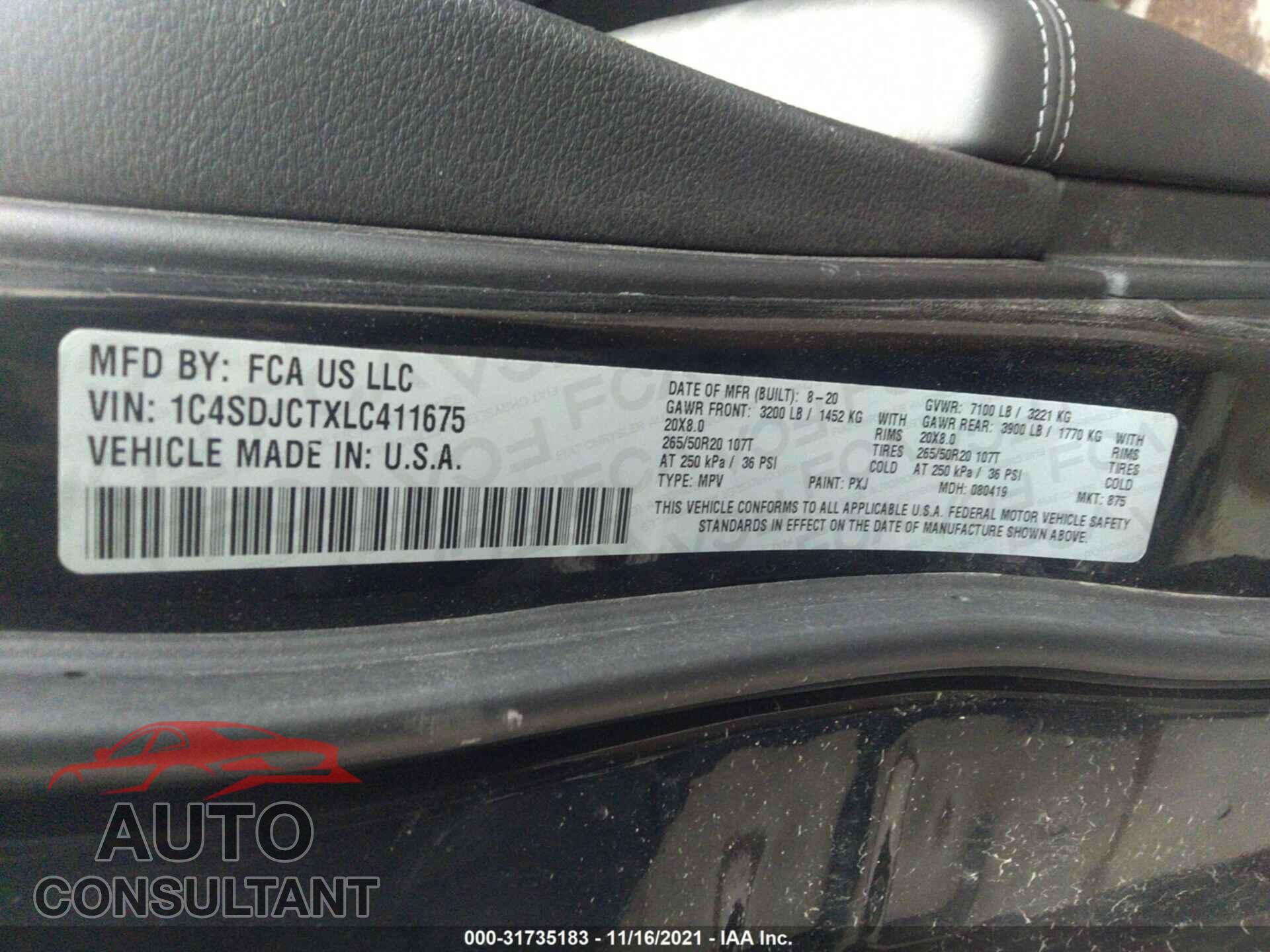 DODGE DURANGO 2020 - 1C4SDJCTXLC411675