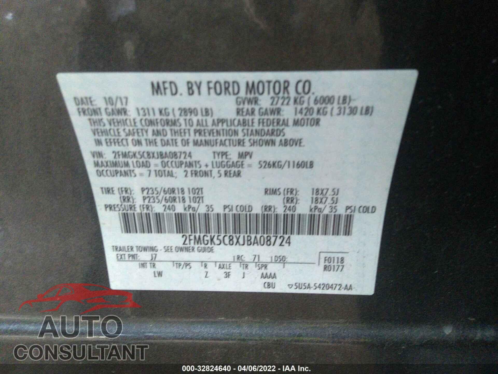 FORD FLEX 2018 - 2FMGK5C8XJBA08724