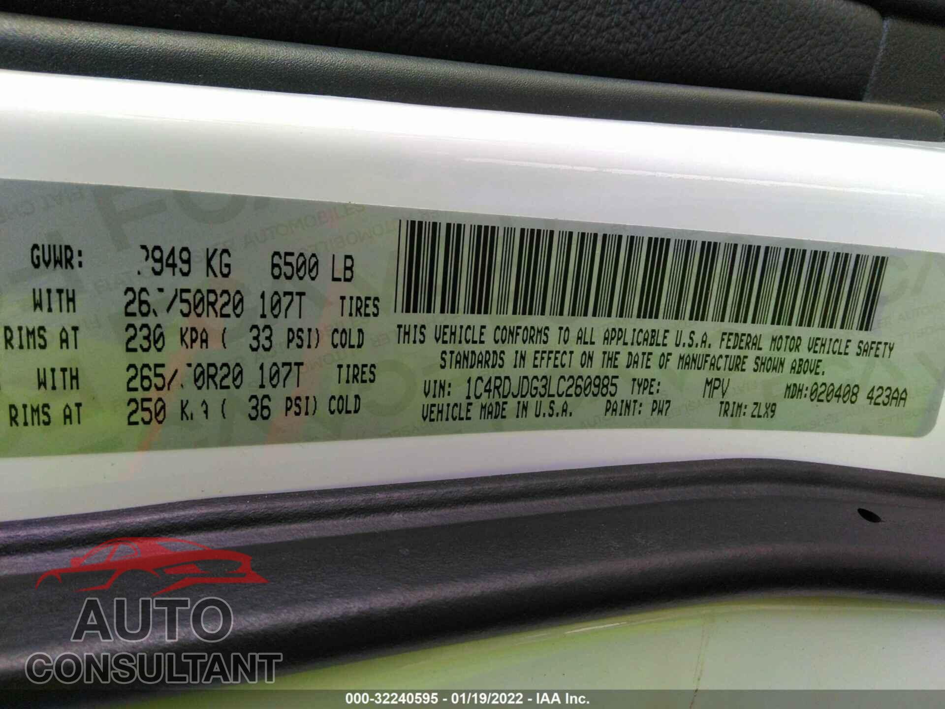 DODGE DURANGO 2020 - 1C4RDJDG3LC260985
