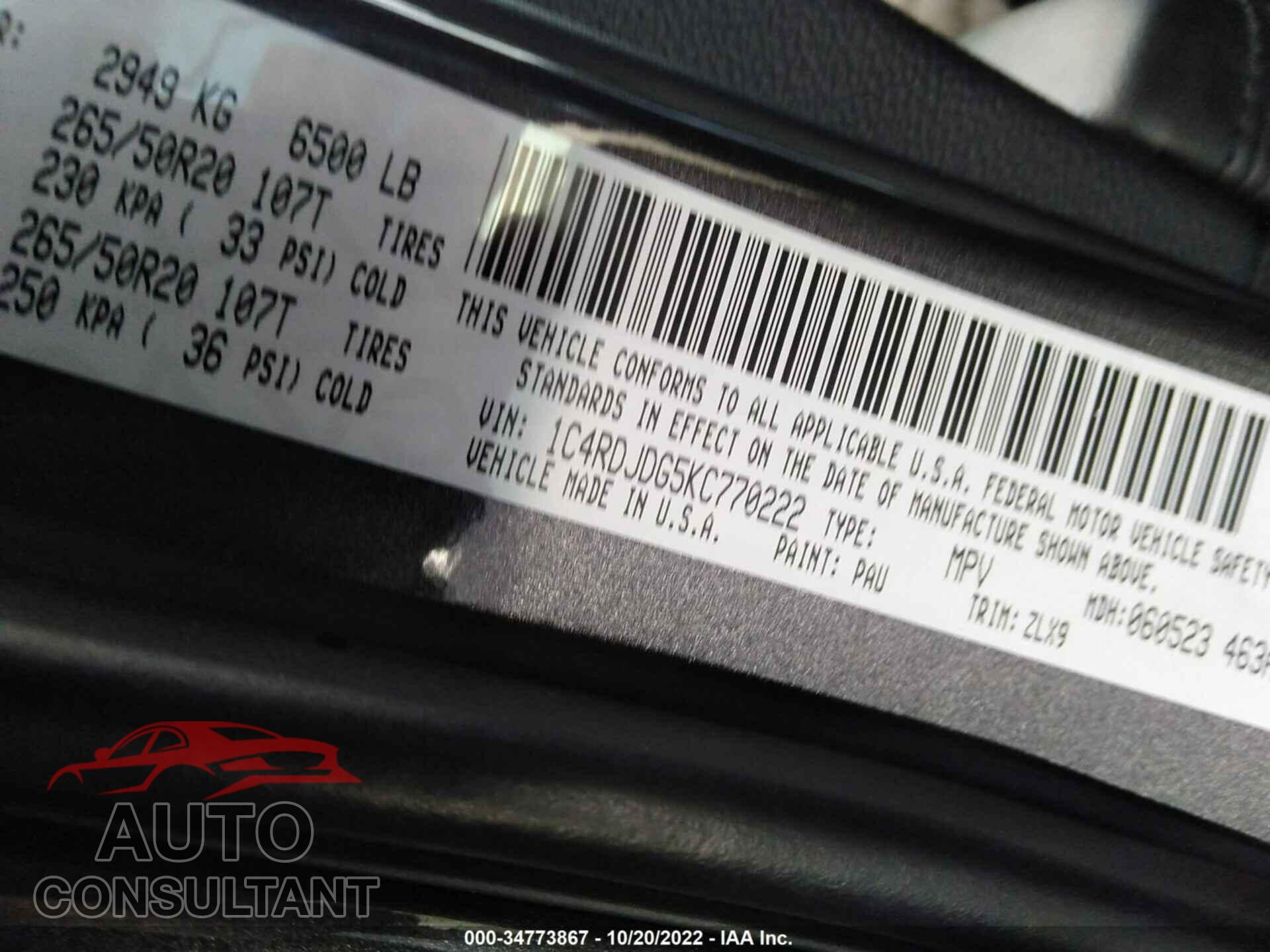 DODGE DURANGO 2019 - 1C4RDJDG5KC770222