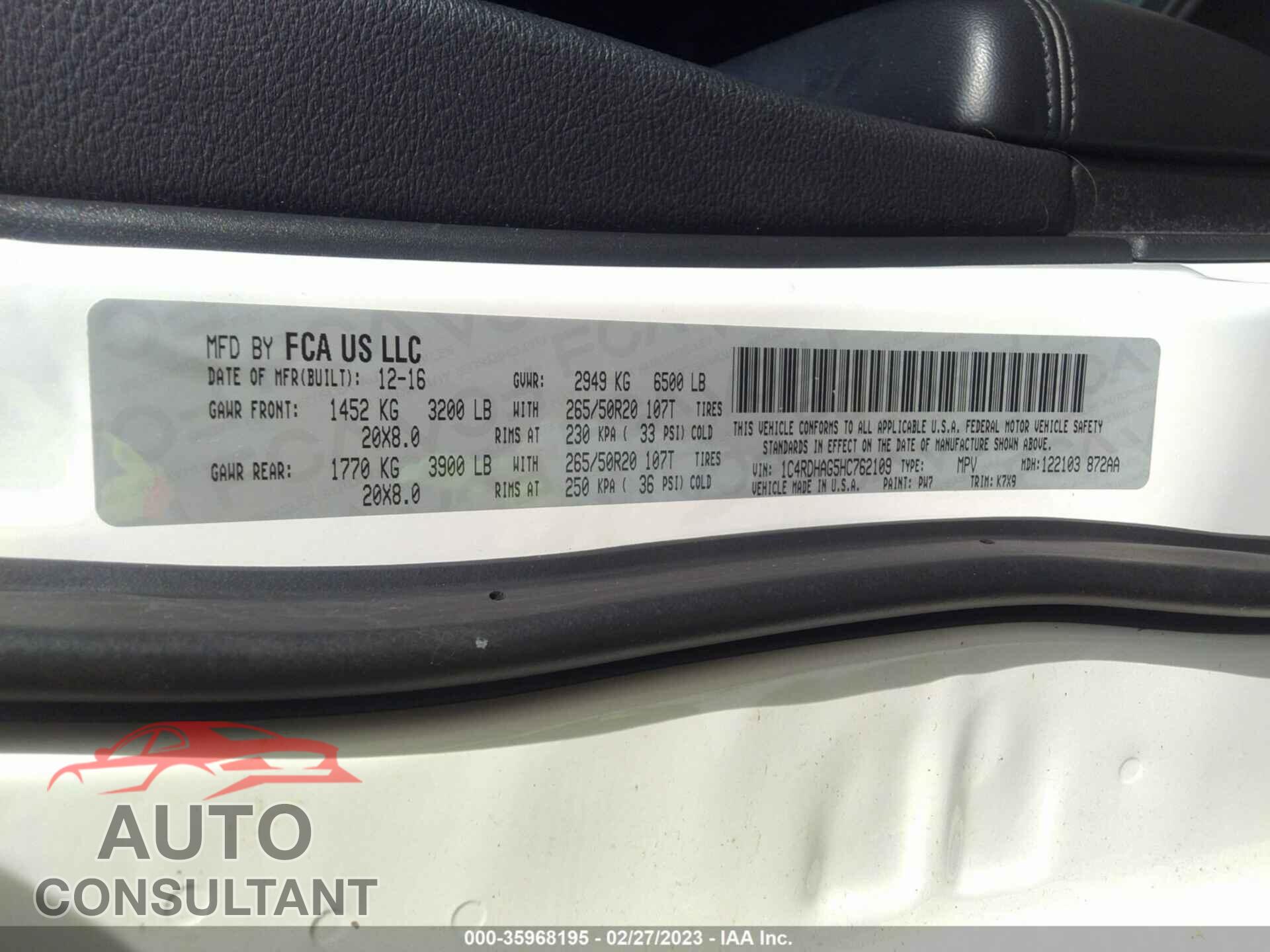 DODGE DURANGO 2017 - 1C4RDHAG5HC762109