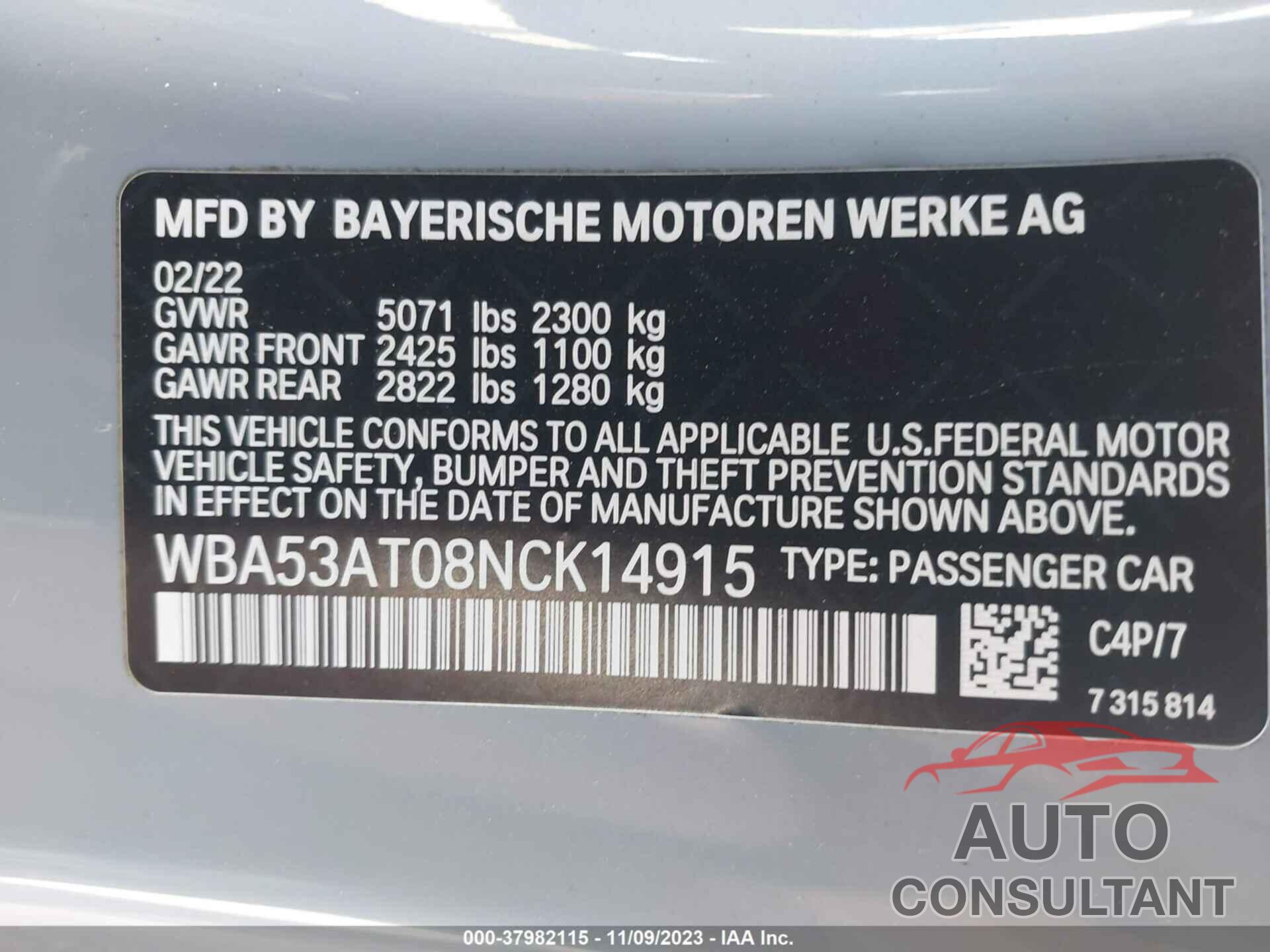 BMW 4 SERIES 2022 - WBA53AT08NCK14915