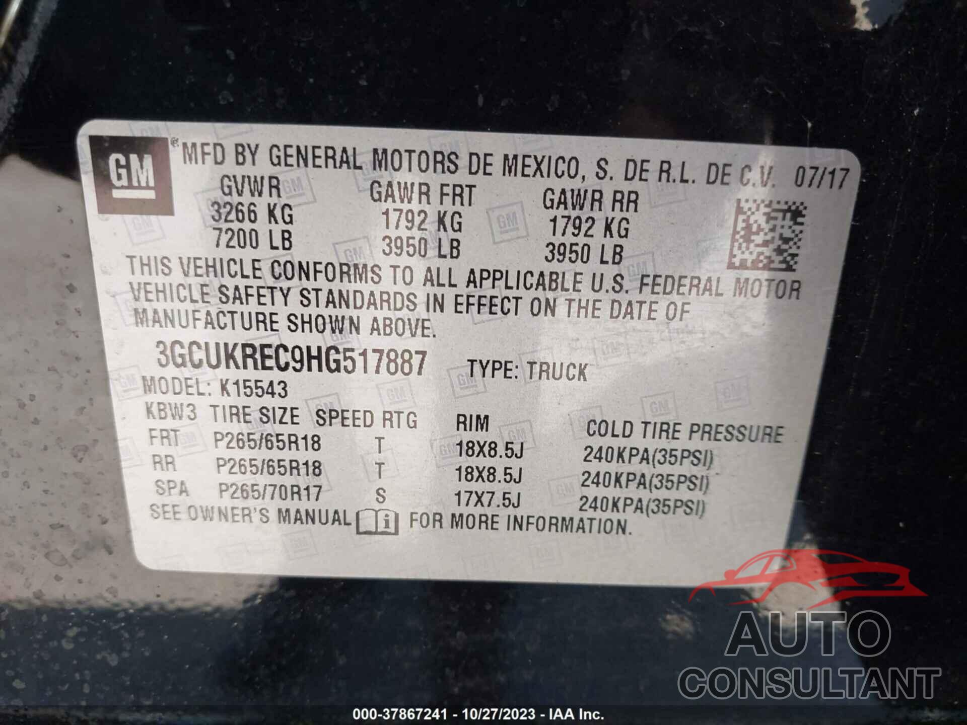 CHEVROLET SILVERADO 2017 - 3GCUKREC9HG517887