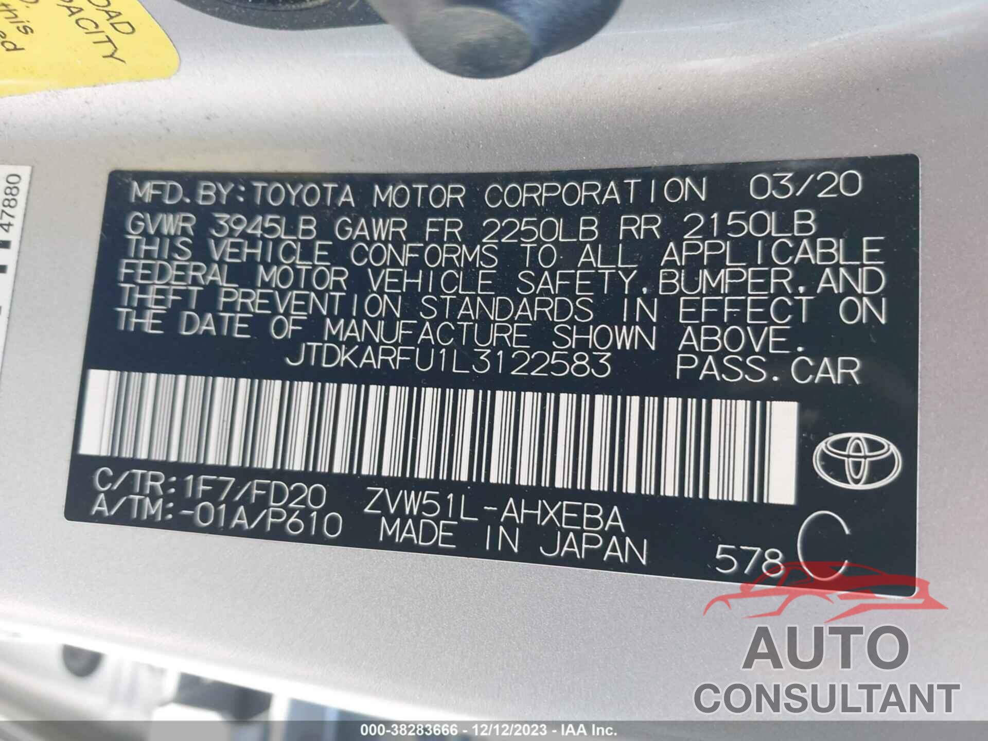 TOYOTA PRIUS 2020 - JTDKARFU1L3122583