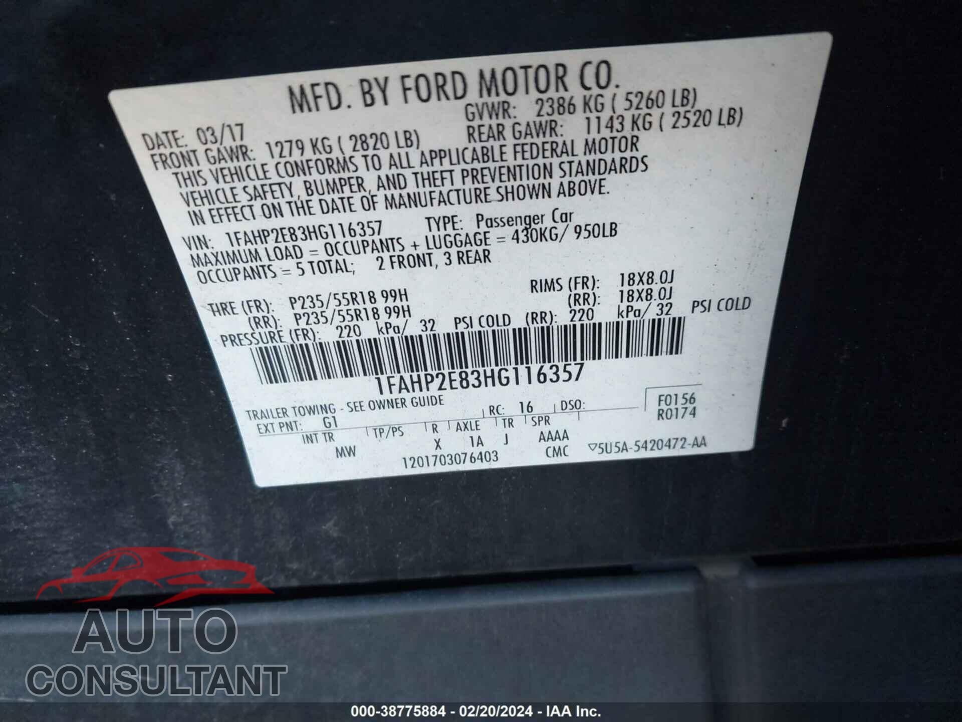 FORD TAURUS 2017 - 1FAHP2E83HG116357