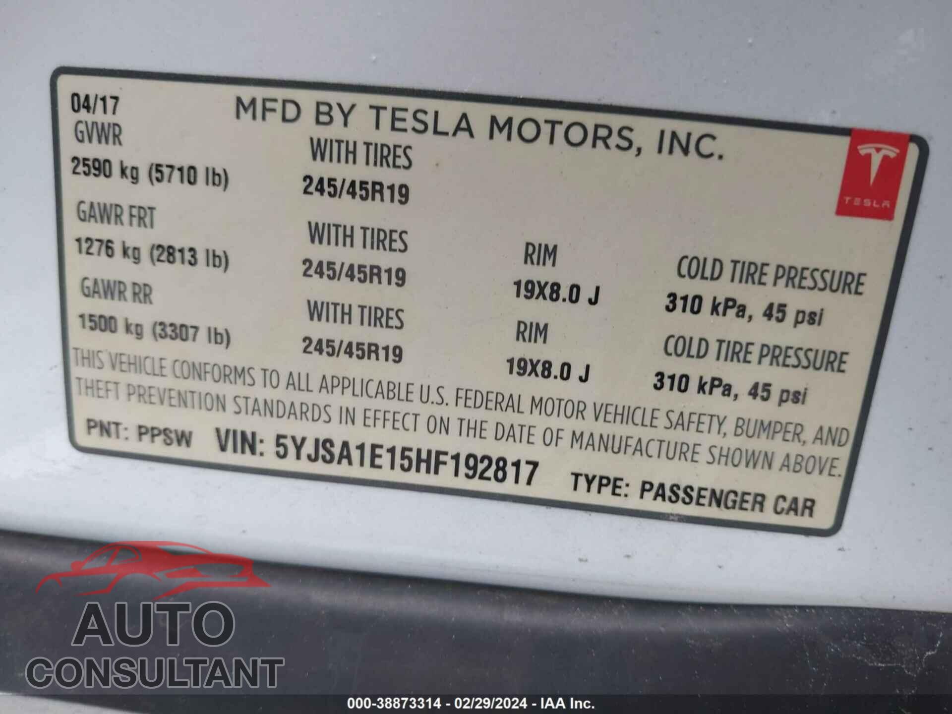 TESLA MODEL S 2017 - 5YJSA1E15HF192817