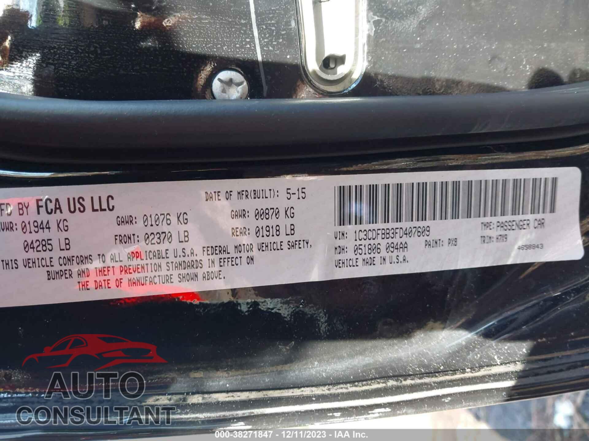 DODGE DART 2015 - 1C3CDFBB3FD407609
