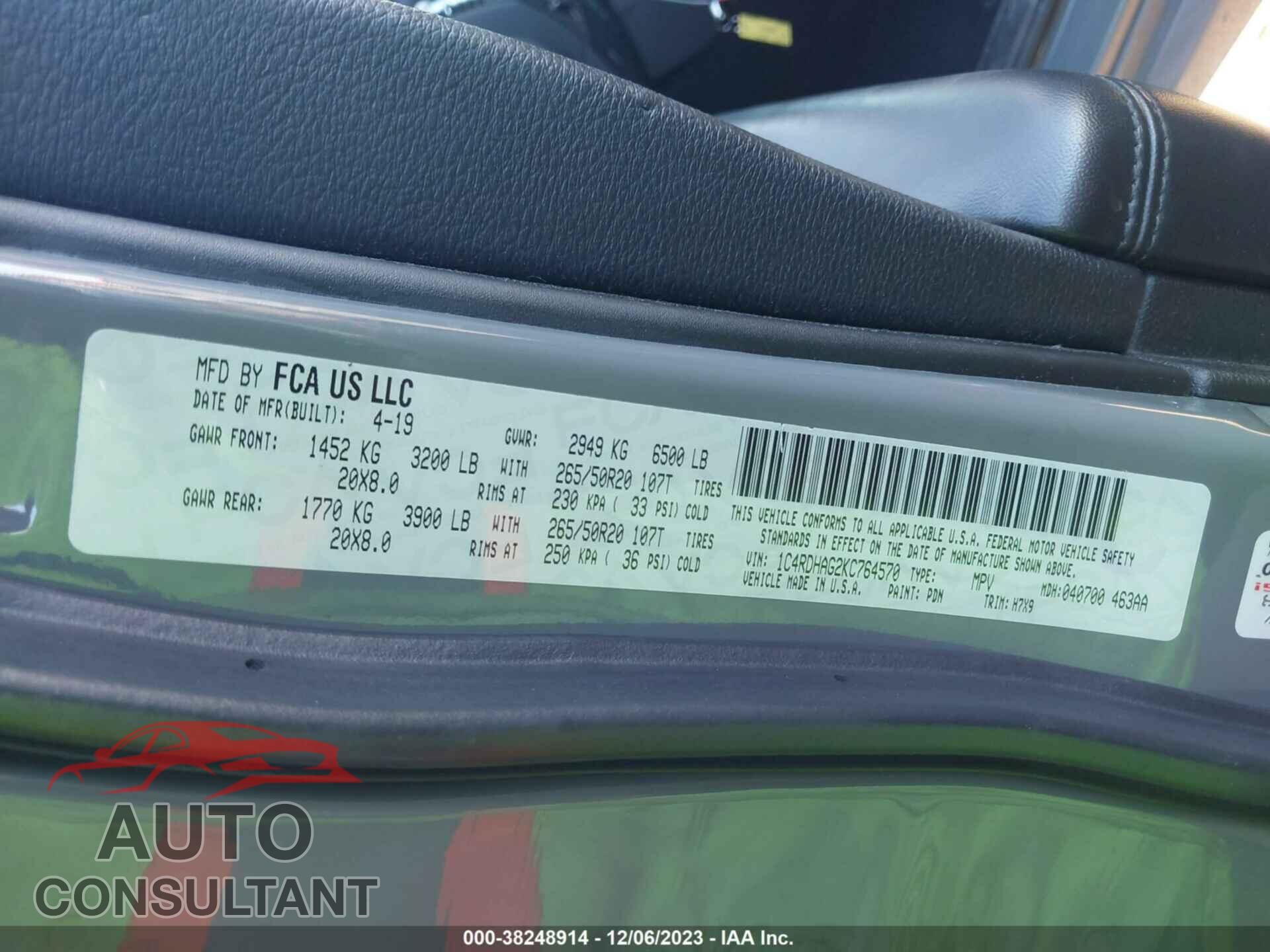 DODGE DURANGO 2019 - 1C4RDHAG2KC764570