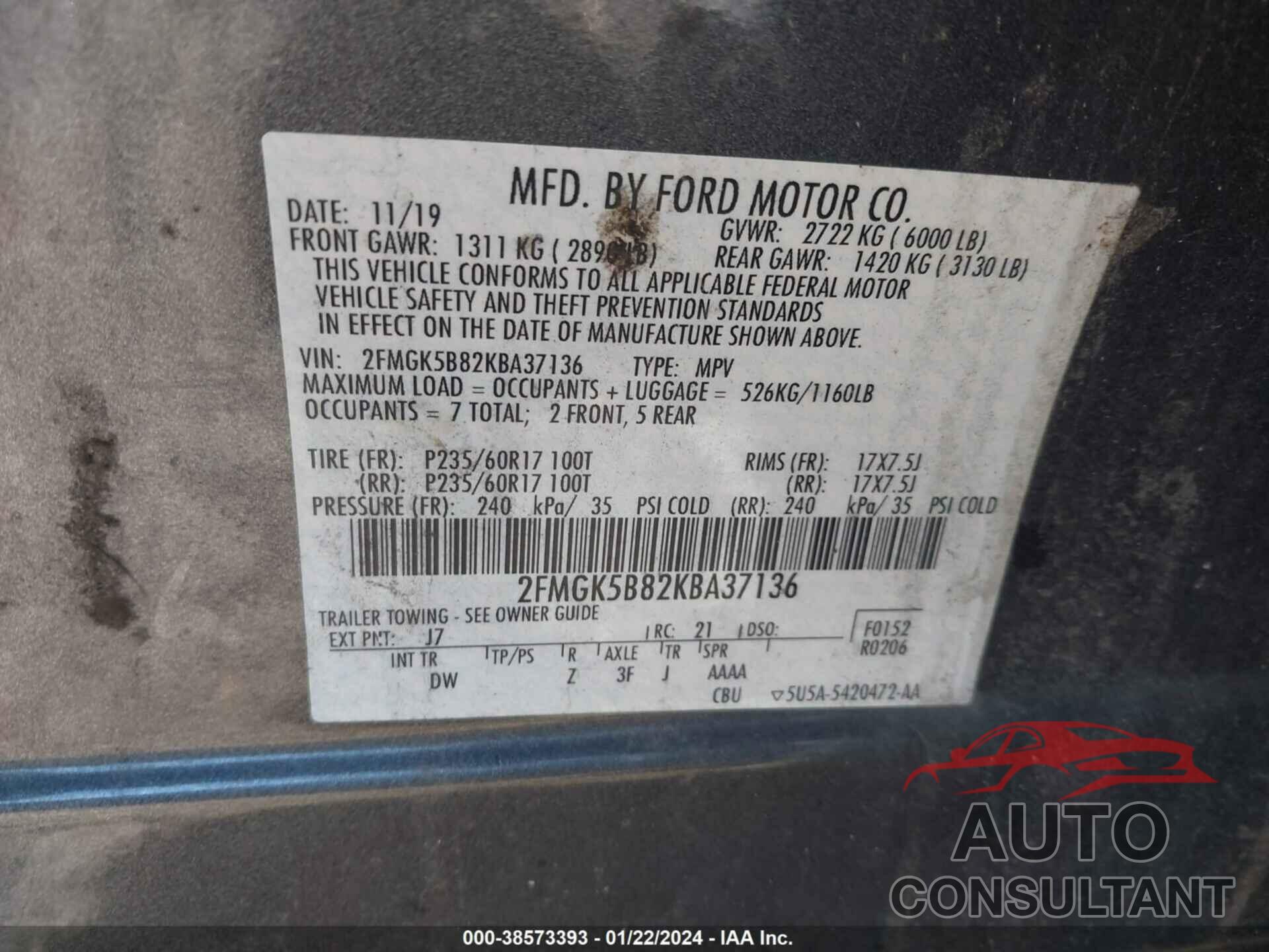 FORD FLEX 2019 - 2FMGK5B82KBA37136