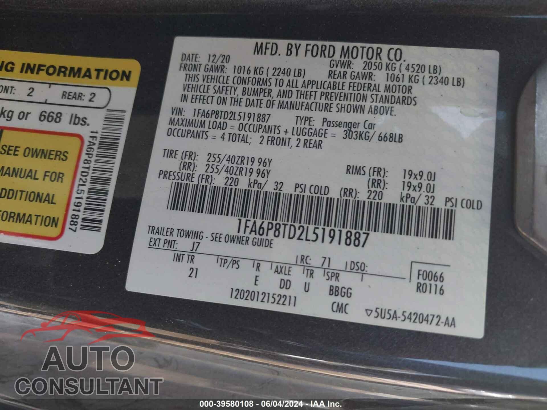 FORD MUSTANG 2020 - 1FA6P8TD2L5191887