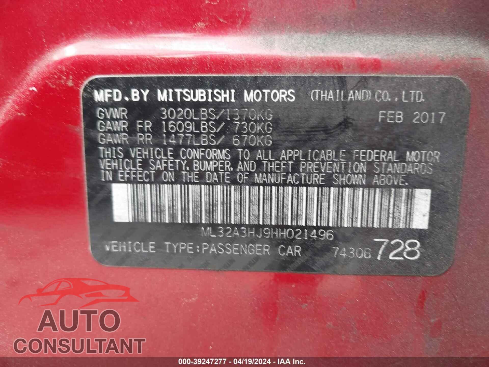 MITSUBISHI MIRAGE 2017 - ML32A3HJ9HH021496
