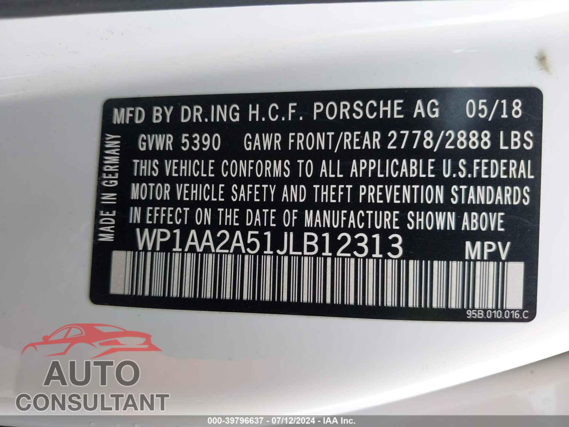 PORSCHE MACAN 2018 - WP1AA2A51JLB12313