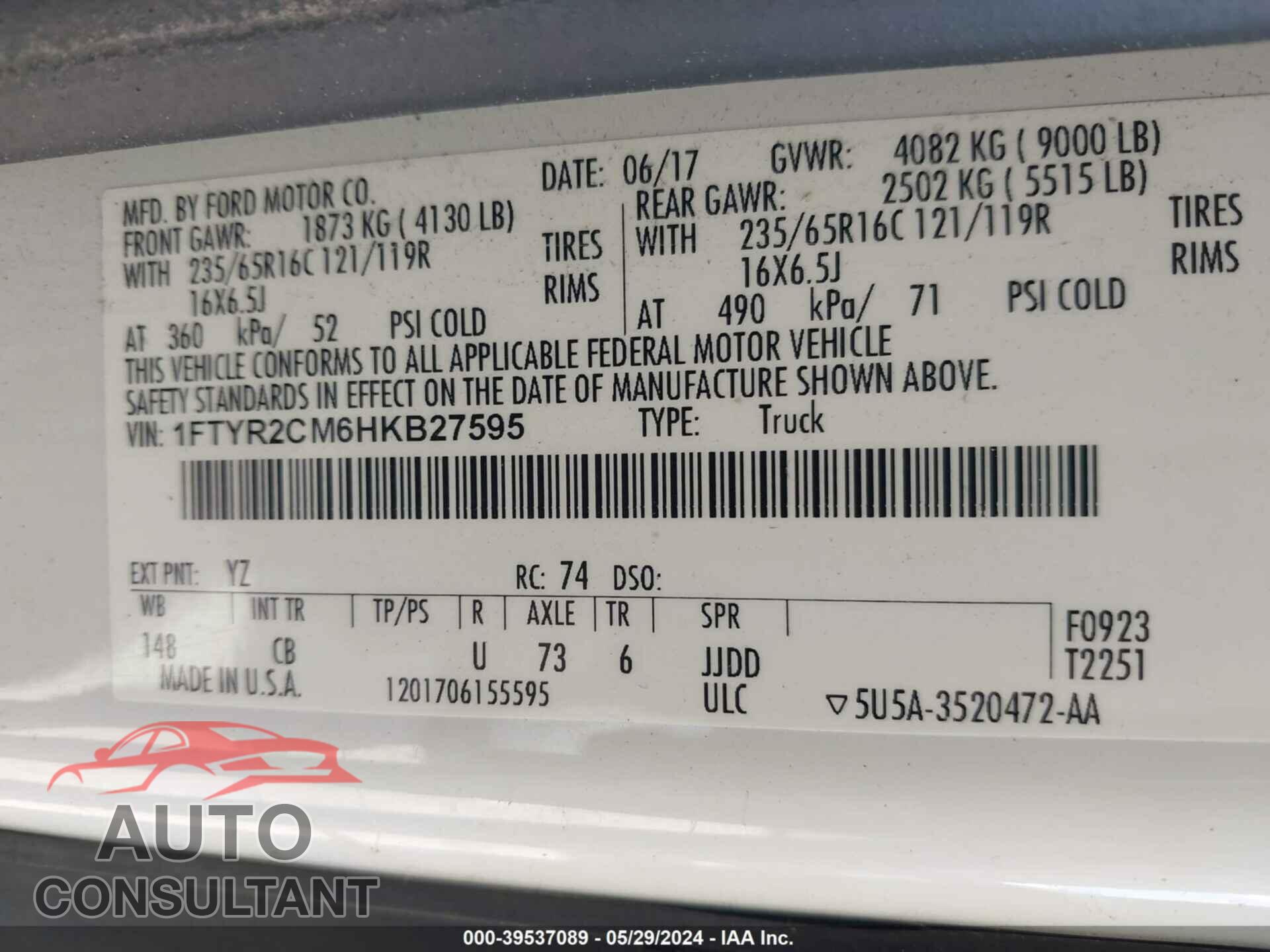 FORD TRANSIT-250 2017 - 1FTYR2CM6HKB27595