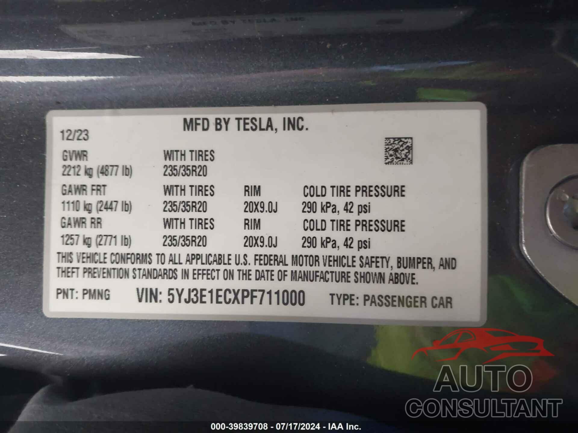 TESLA MODEL 3 2023 - 5YJ3E1ECXPF711000