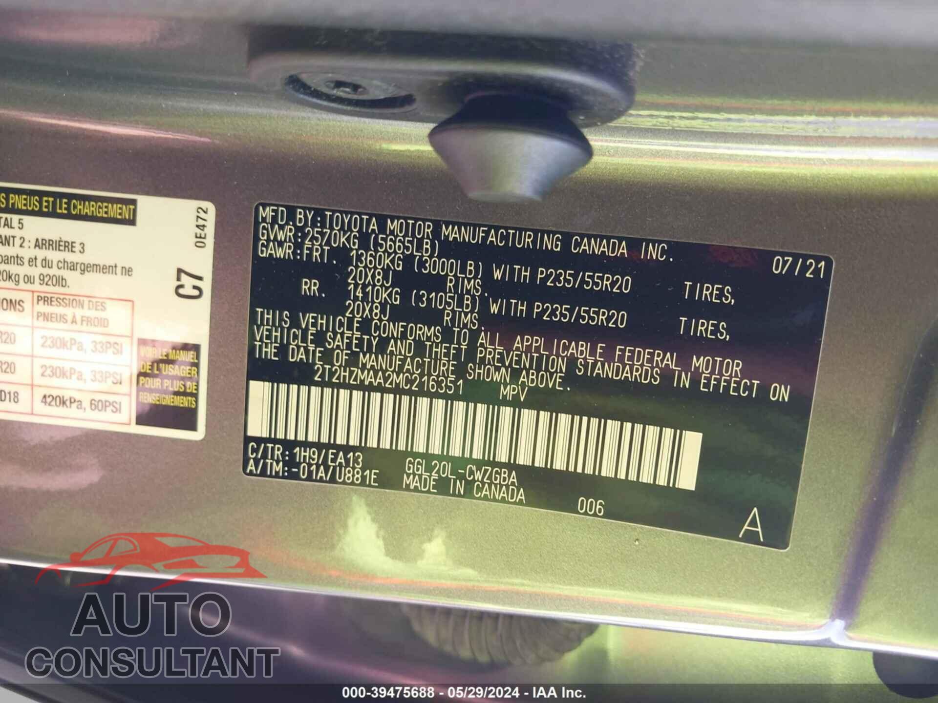 LEXUS RX 350 2021 - 2T2HZMAA2MC216351
