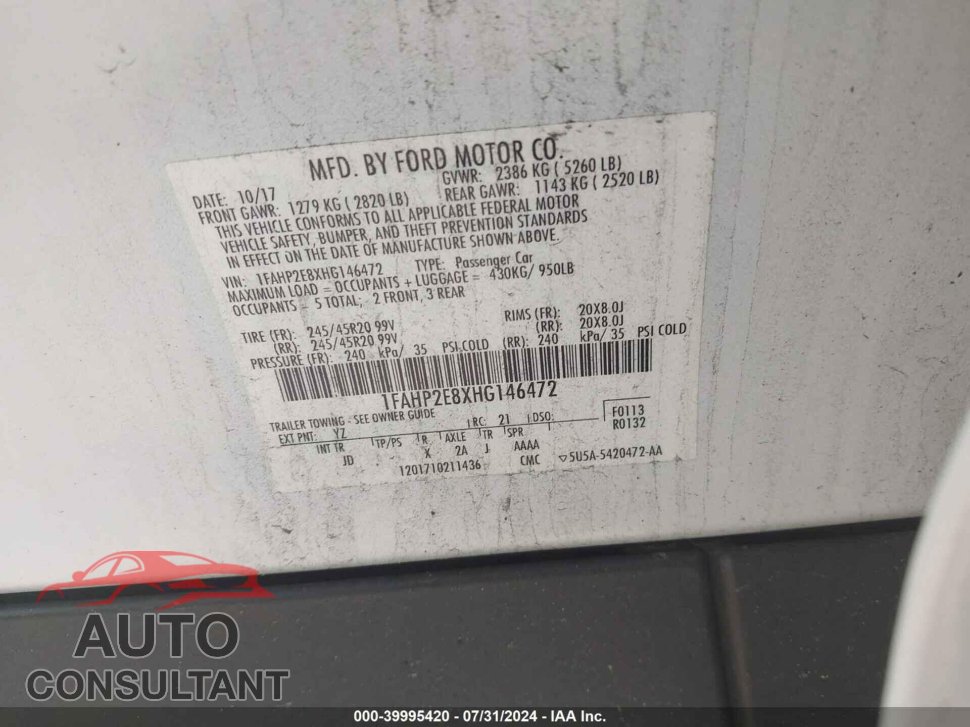FORD TAURUS 2017 - 1FAHP2E8XHG146472