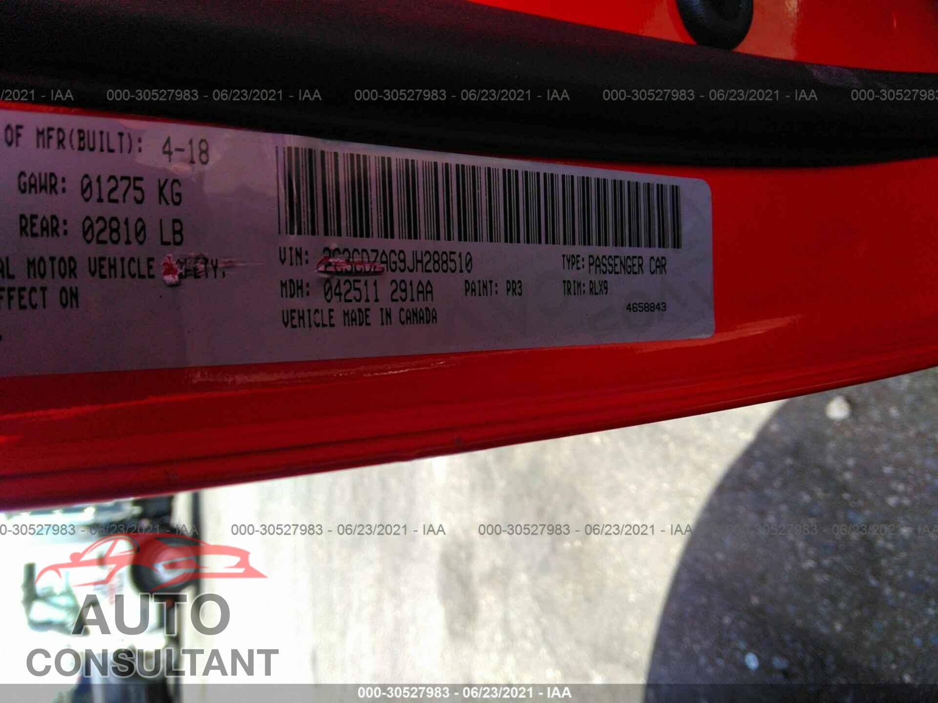DODGE CHALLENGER 2018 - 2C3CDZAG9JH288510