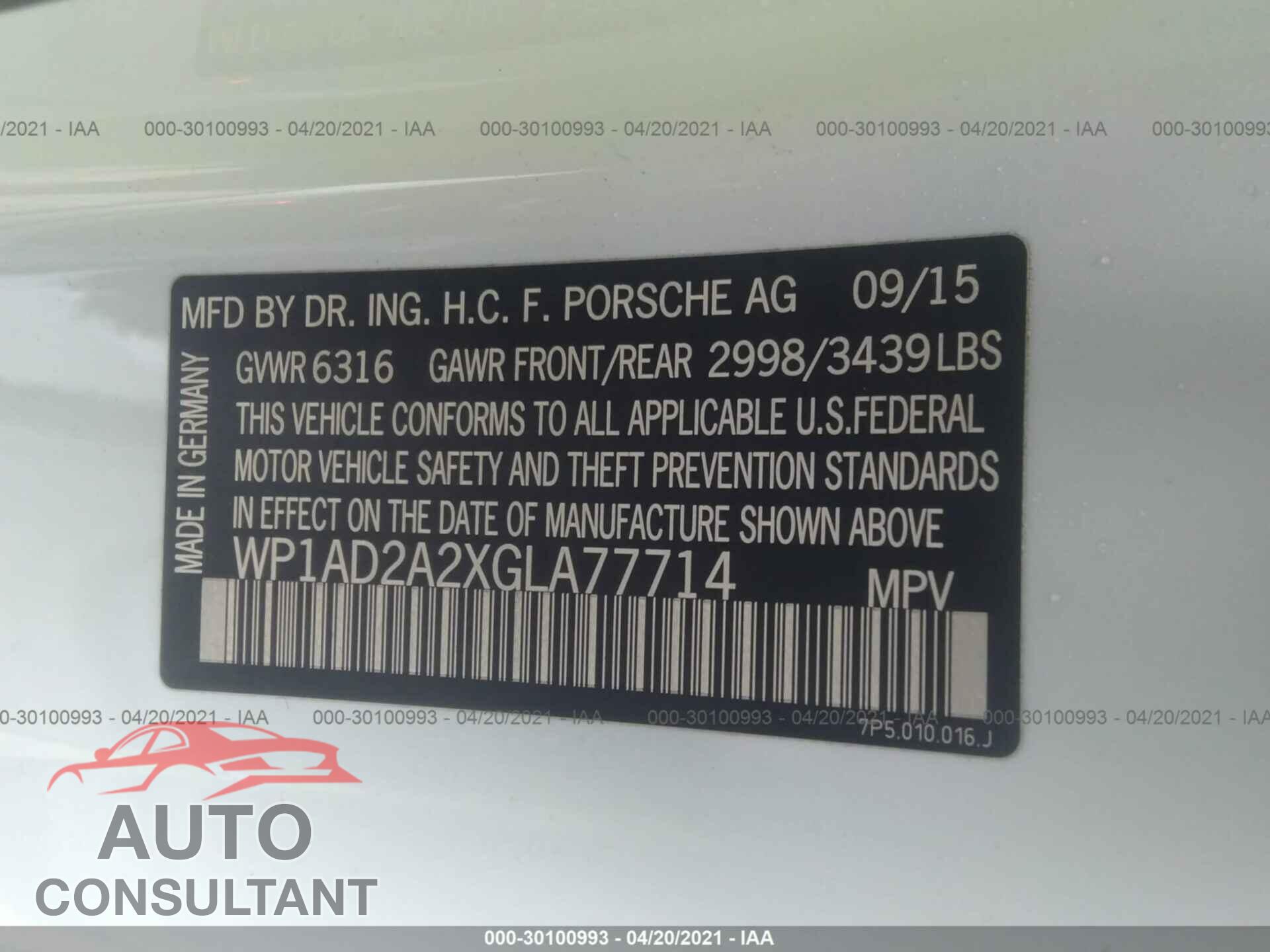 PORSCHE CAYENNE 2016 - WP1AD2A2XGLA77714