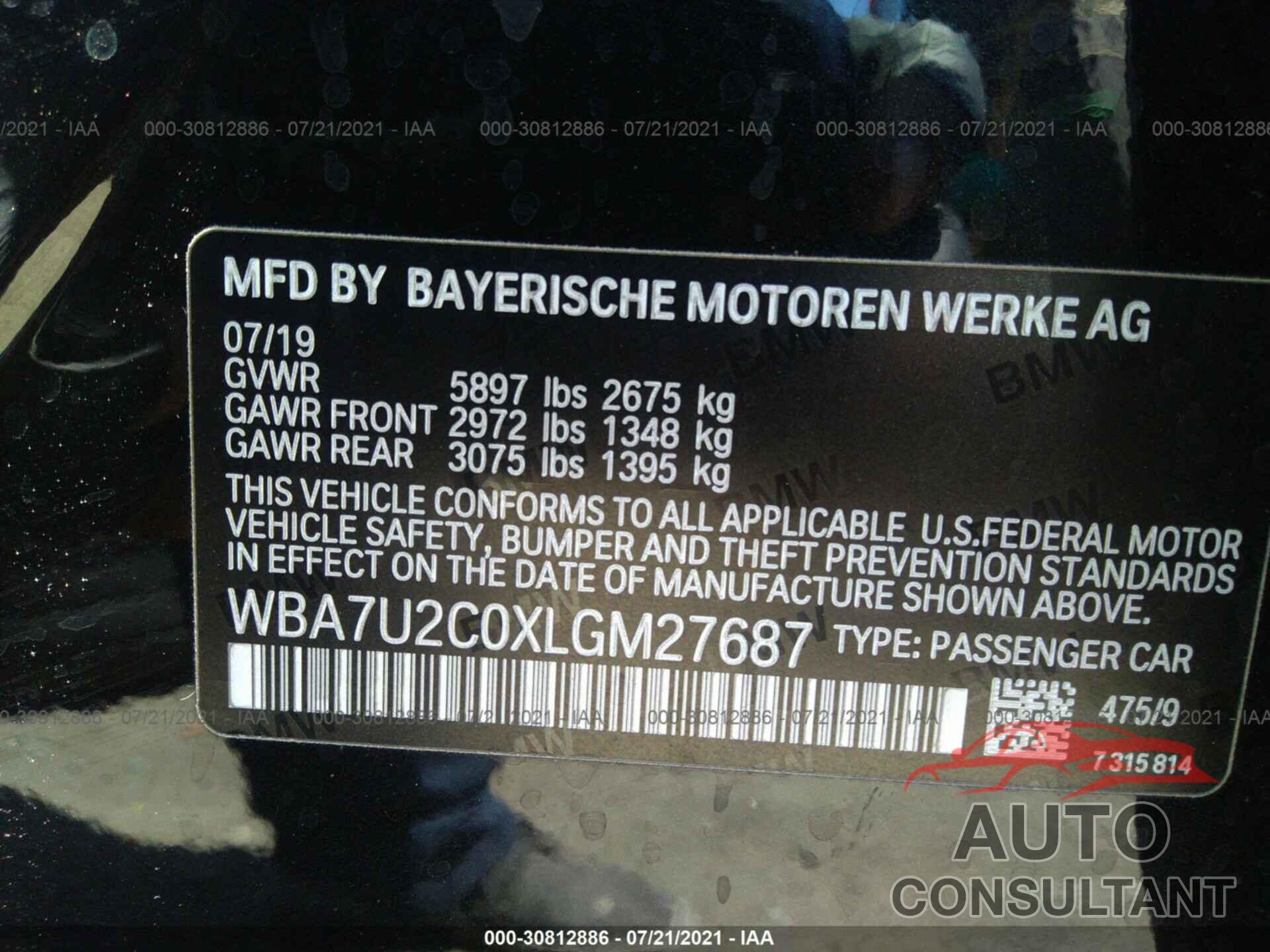 BMW 7 SERIES 2020 - WBA7U2C0XLGM27687