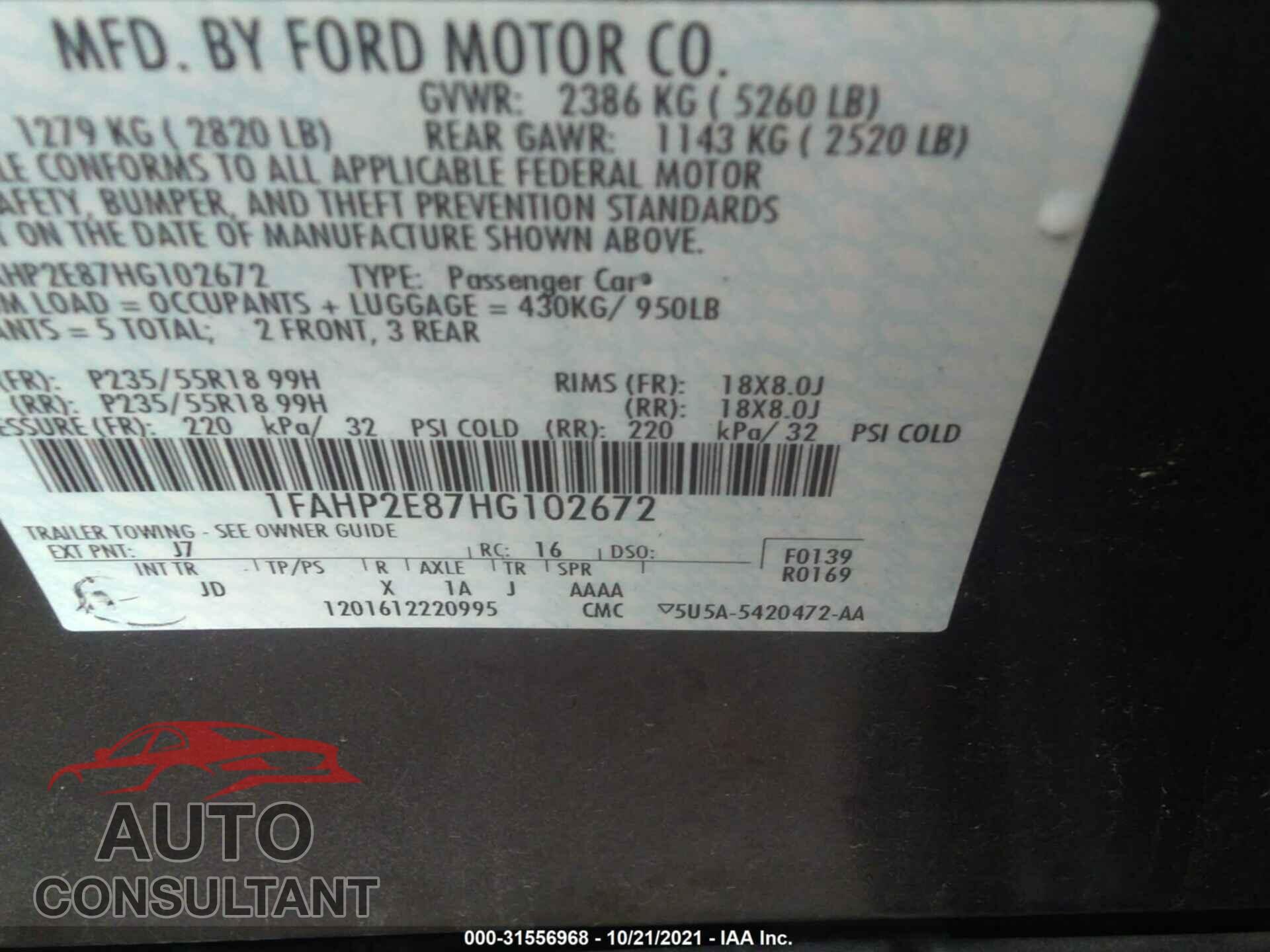FORD TAURUS 2017 - 1FAHP2E87HG102672