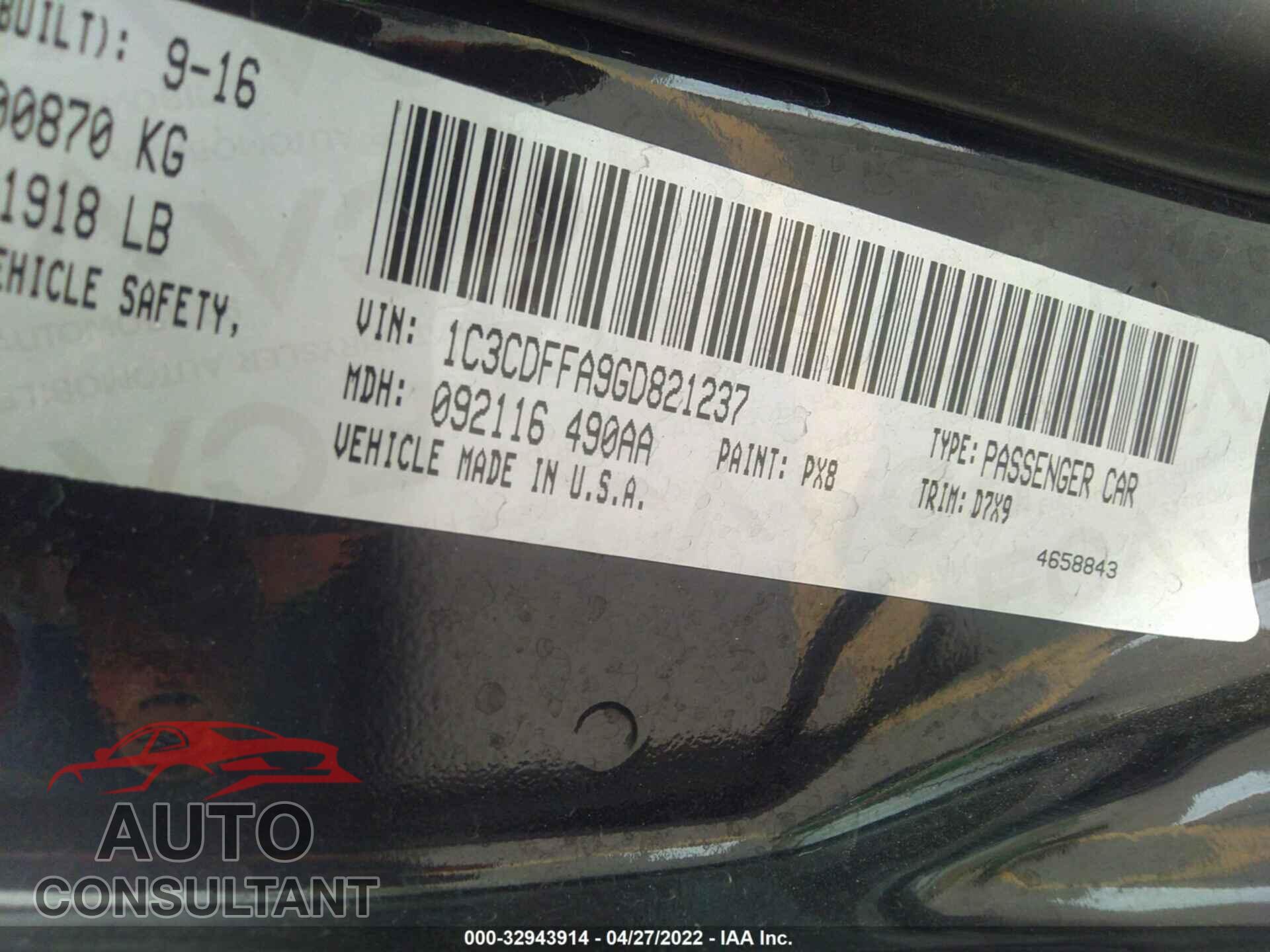 DODGE DART 2016 - 1C3CDFFA9GD821237
