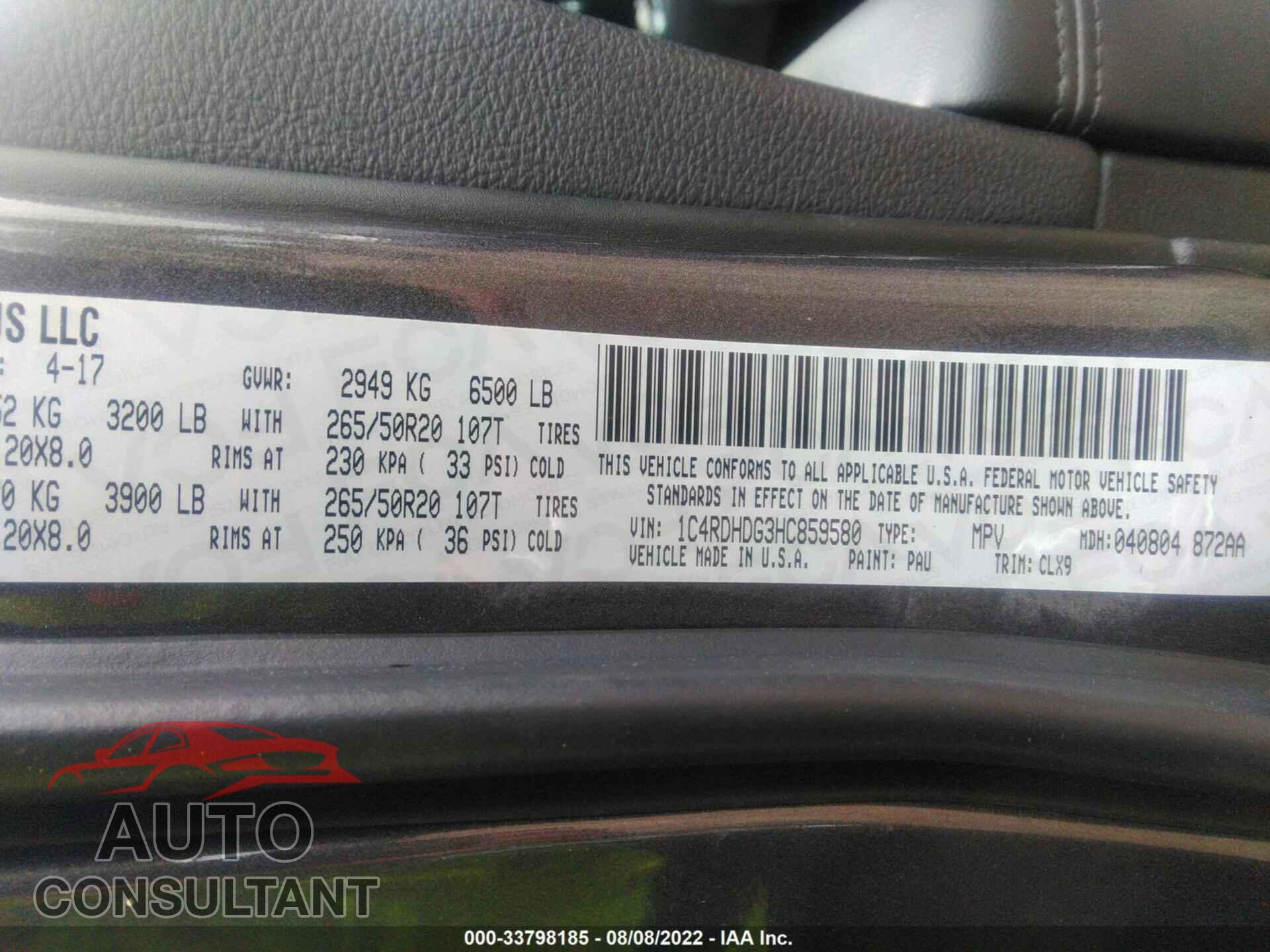 DODGE DURANGO 2017 - 1C4RDHDG3HC859580