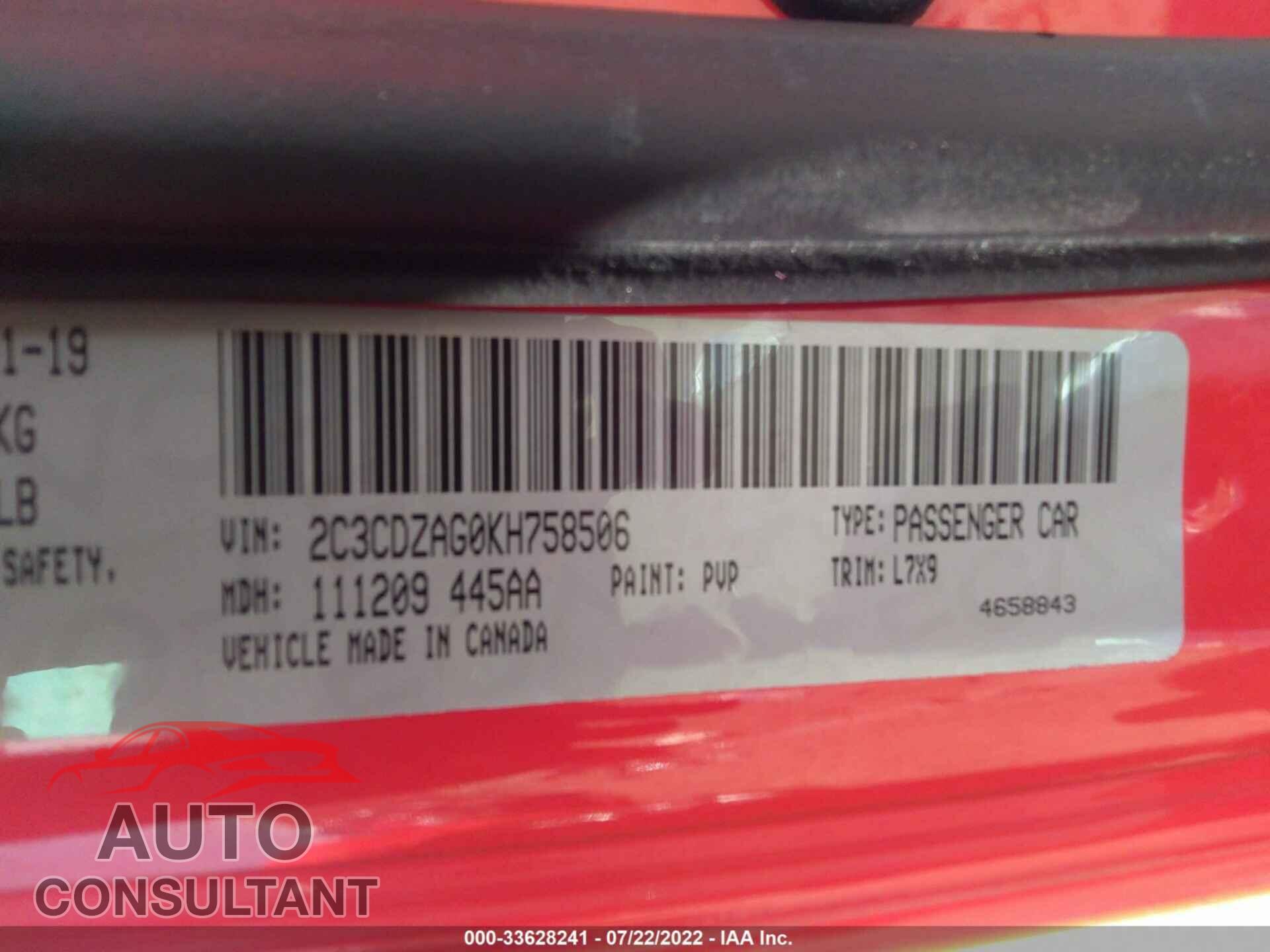 DODGE CHALLENGER 2019 - 2C3CDZAG0KH758506