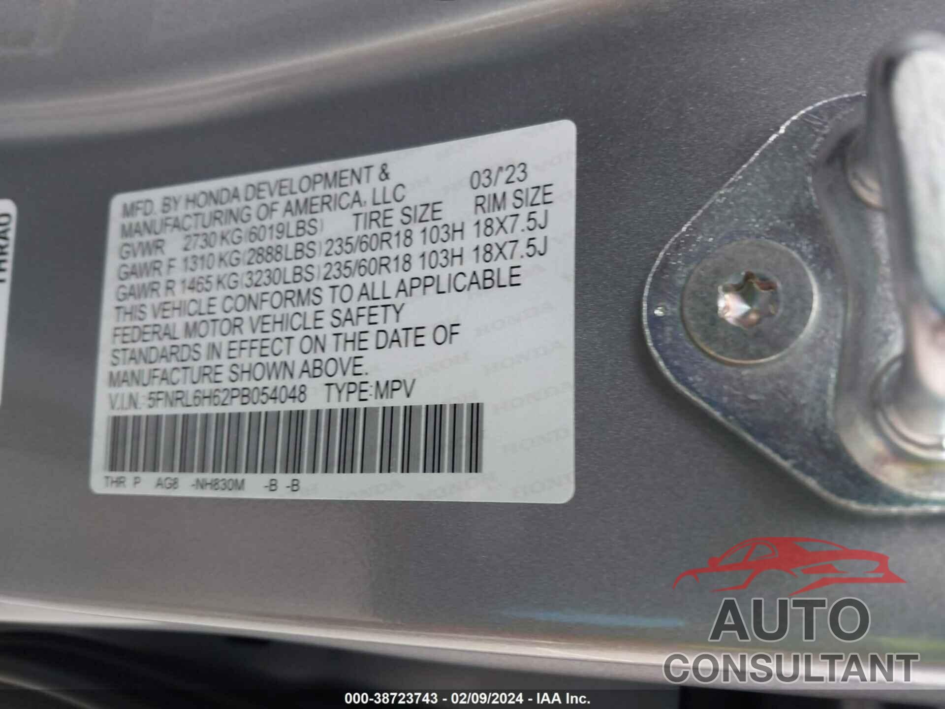 HONDA ODYSSEY 2023 - 5FNRL6H62PB054048